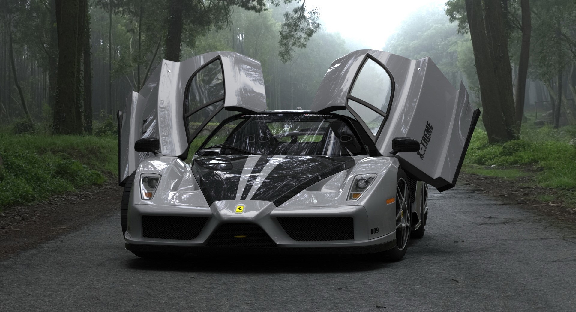 Silver Ferrari Enzo with butterfly doors open in forest HD Wallpaper