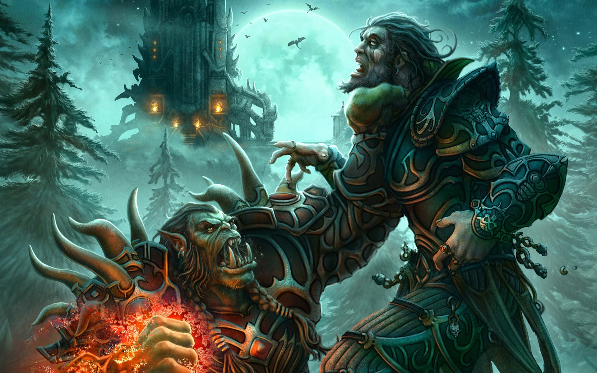 Two Orcs fighting in front of a castle HD Wallpaper