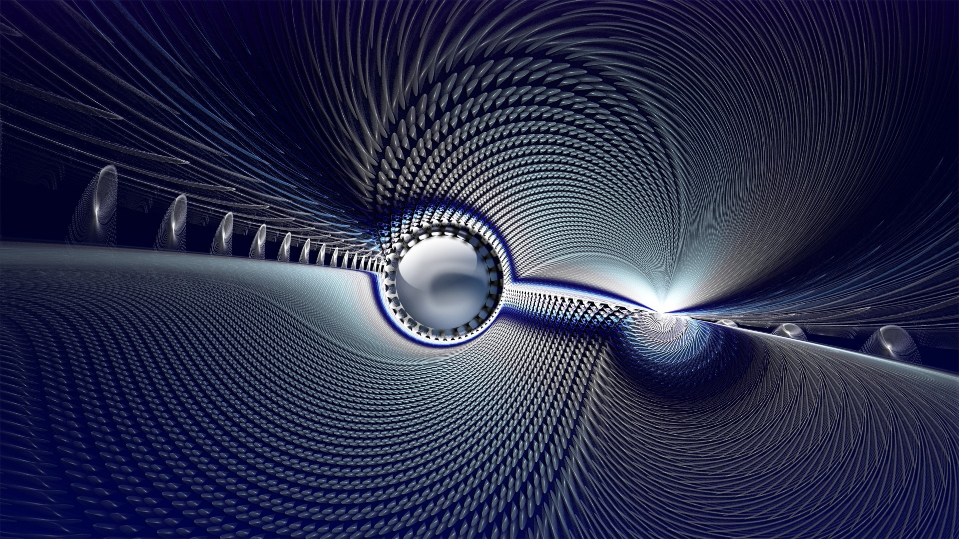 Abstract fractal art with a central sphere and swirling patterns HD Wallpaper