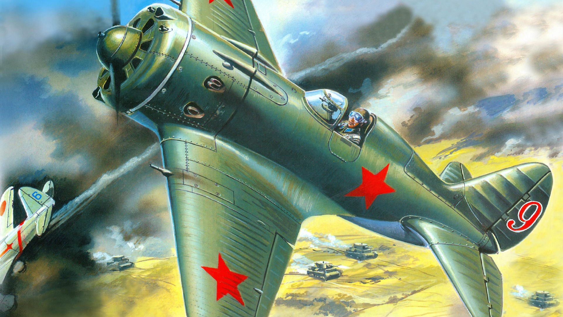 Soviet fighter plane in aerial combat over tanks HD Wallpaper