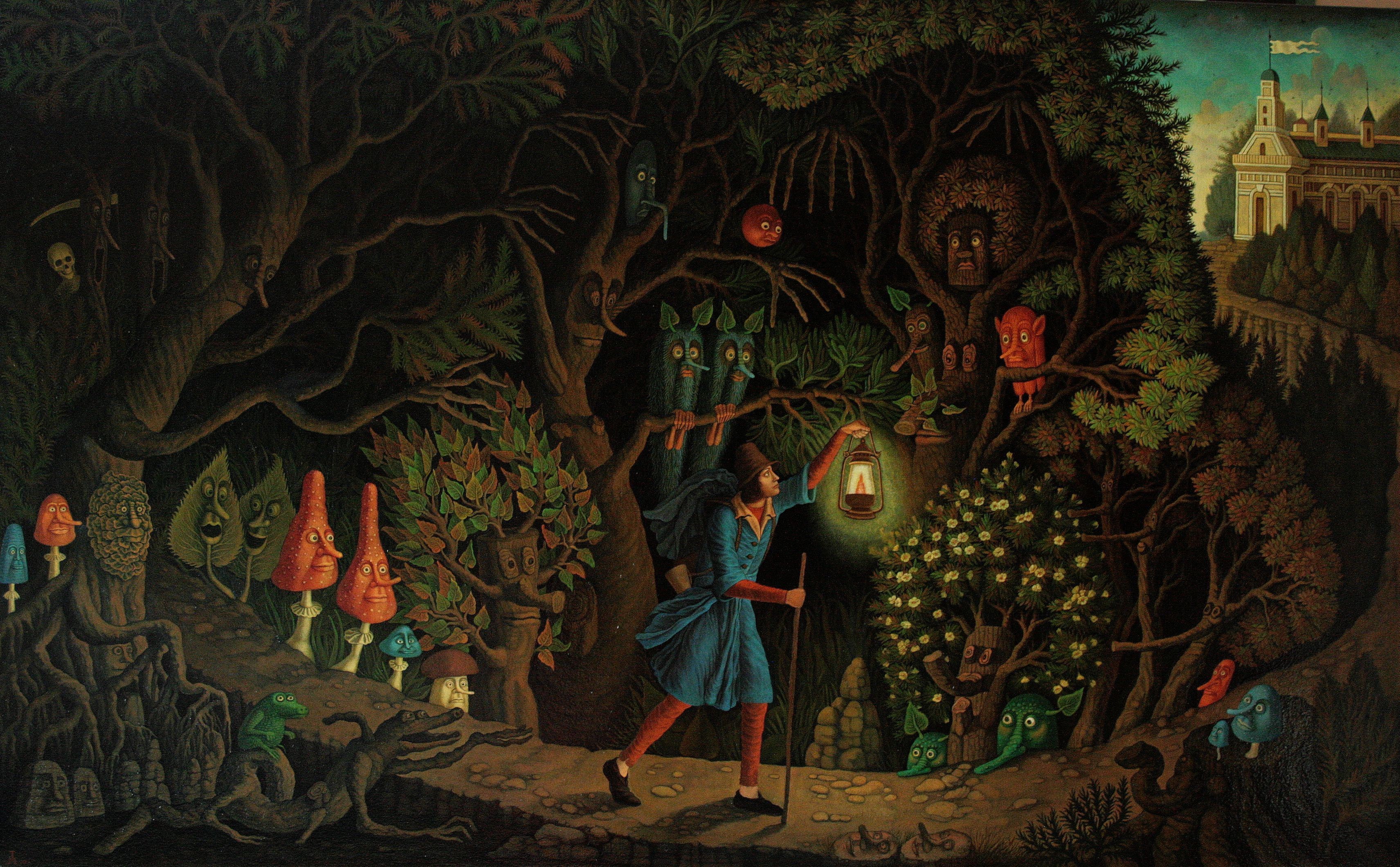 A person with a lantern in a dark forest with creatures HD Wallpaper