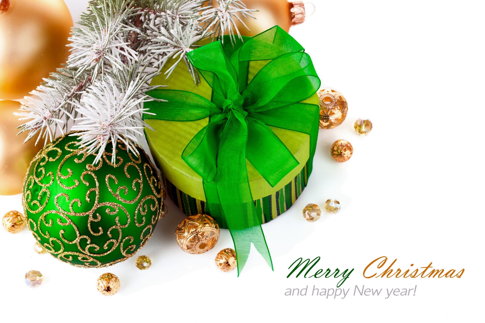 Christmas gift box with ornaments and pine branches HD Wallpaper