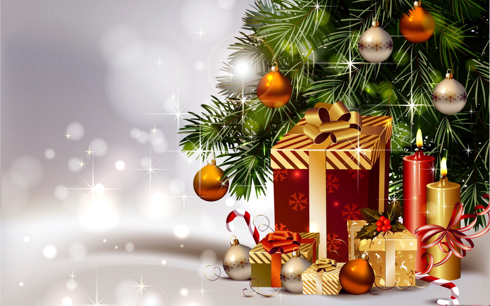 Christmas Tree with Ornaments and Gifts HD Wallpaper