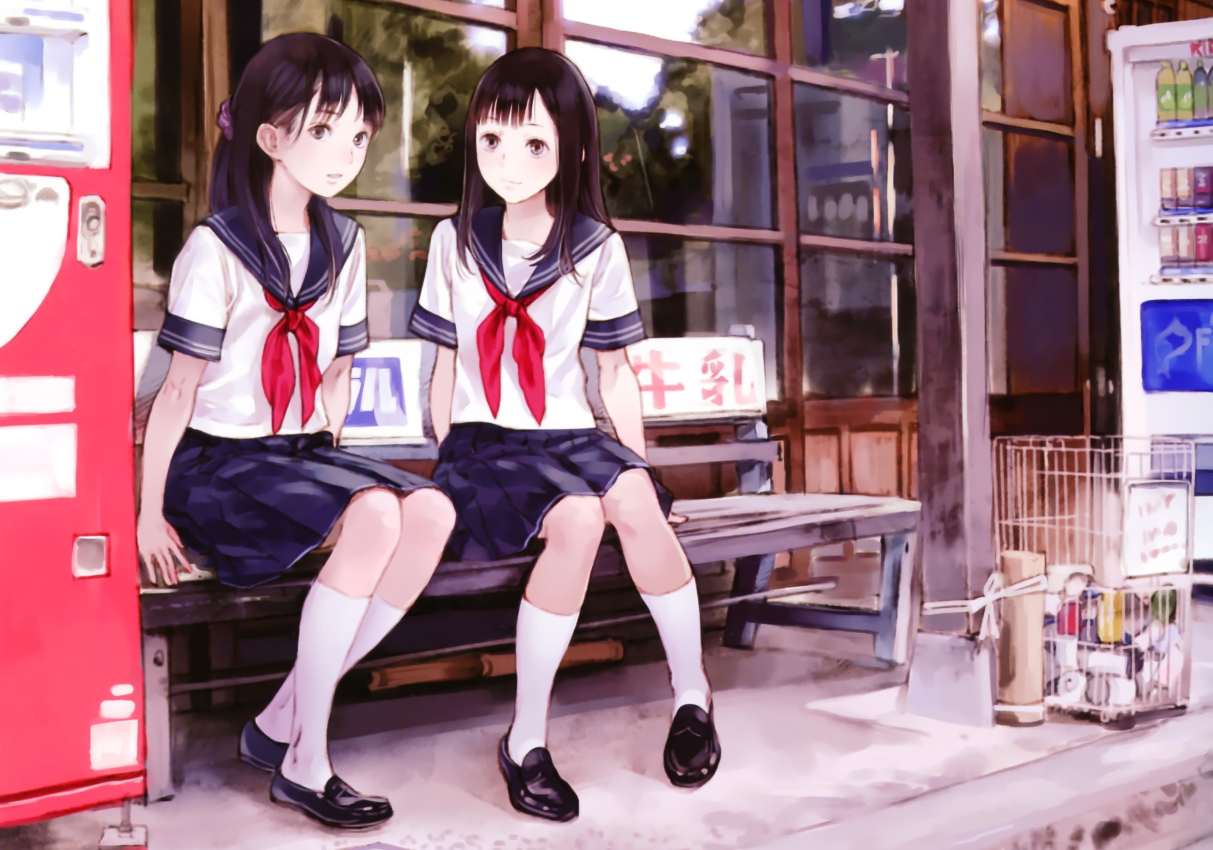 Two schoolgirls in sailor uniforms sitting by a vending machine HD Wallpaper