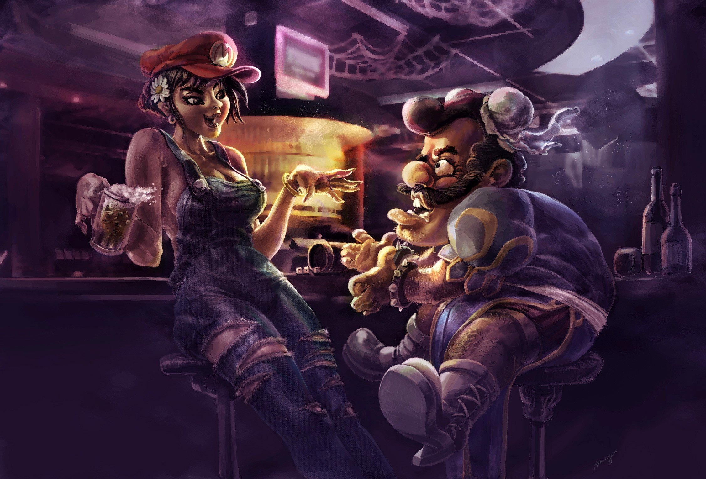 Female Mario and Zangief from Street Fighter in a bar HD Wallpaper