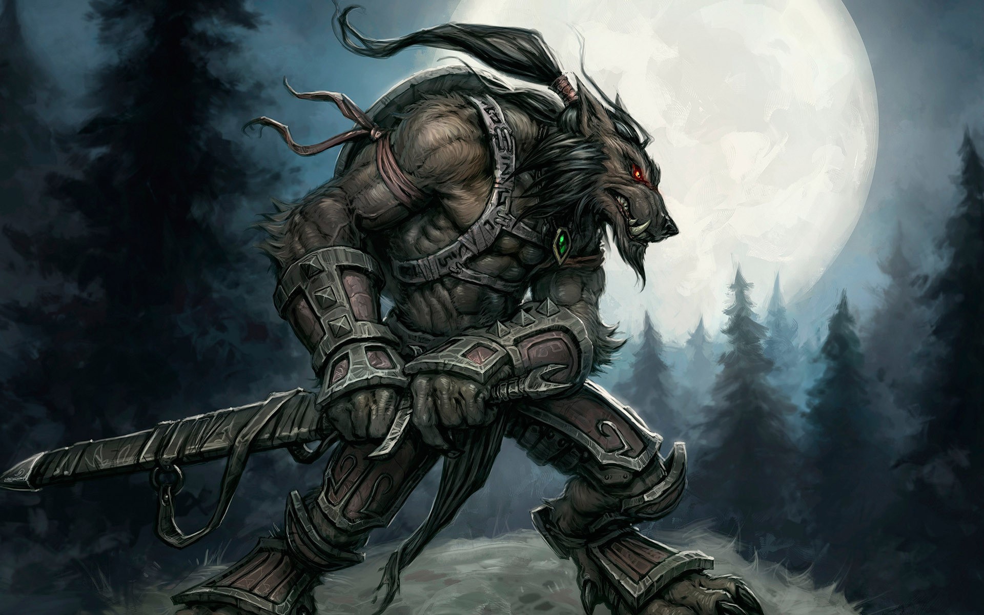 Werewolf Warrior with Sword under Full Moon in Forest HD Wallpaper