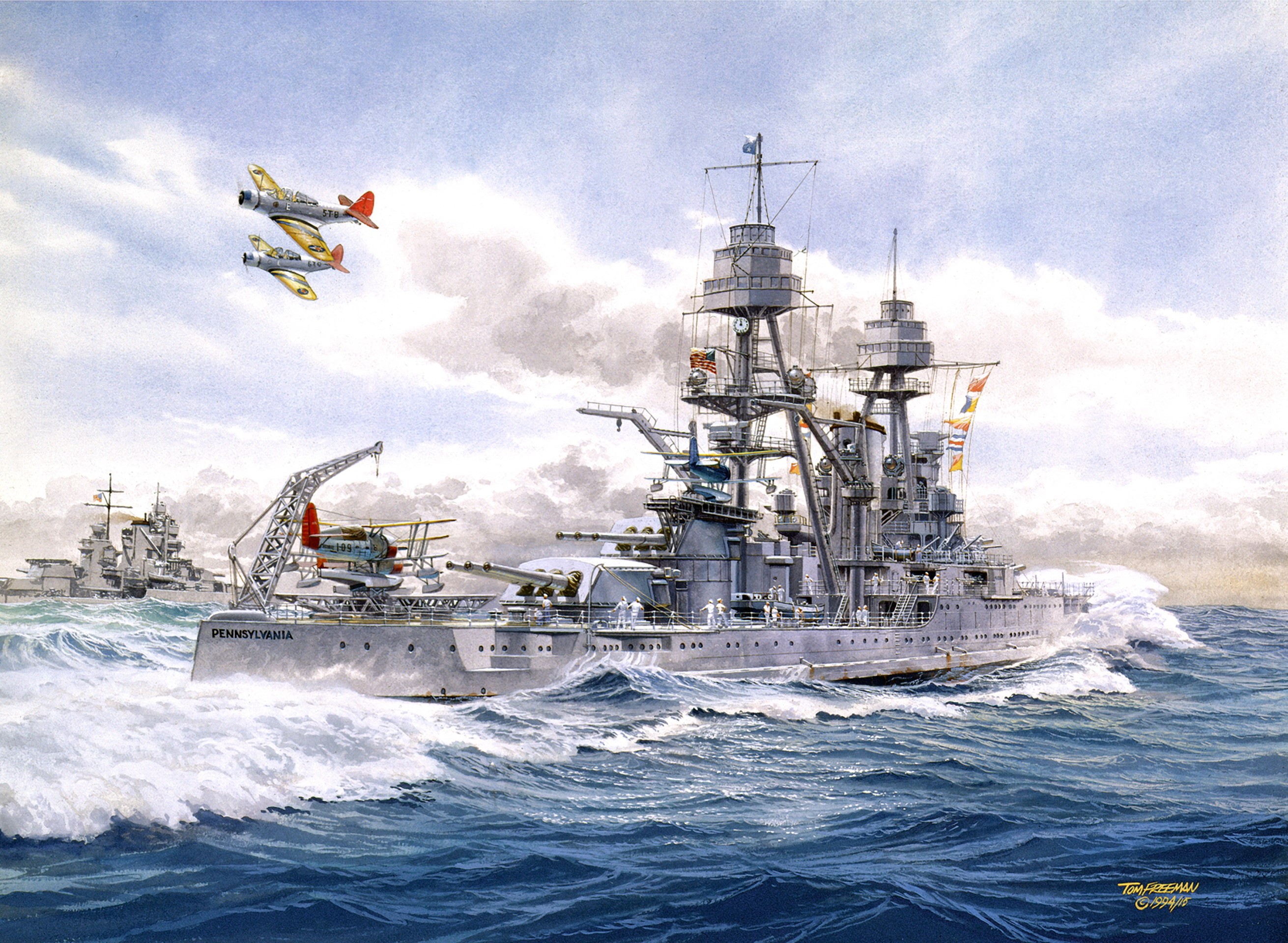 USS Pennsylvania (BB-38) battleship with aircraft HD Wallpaper