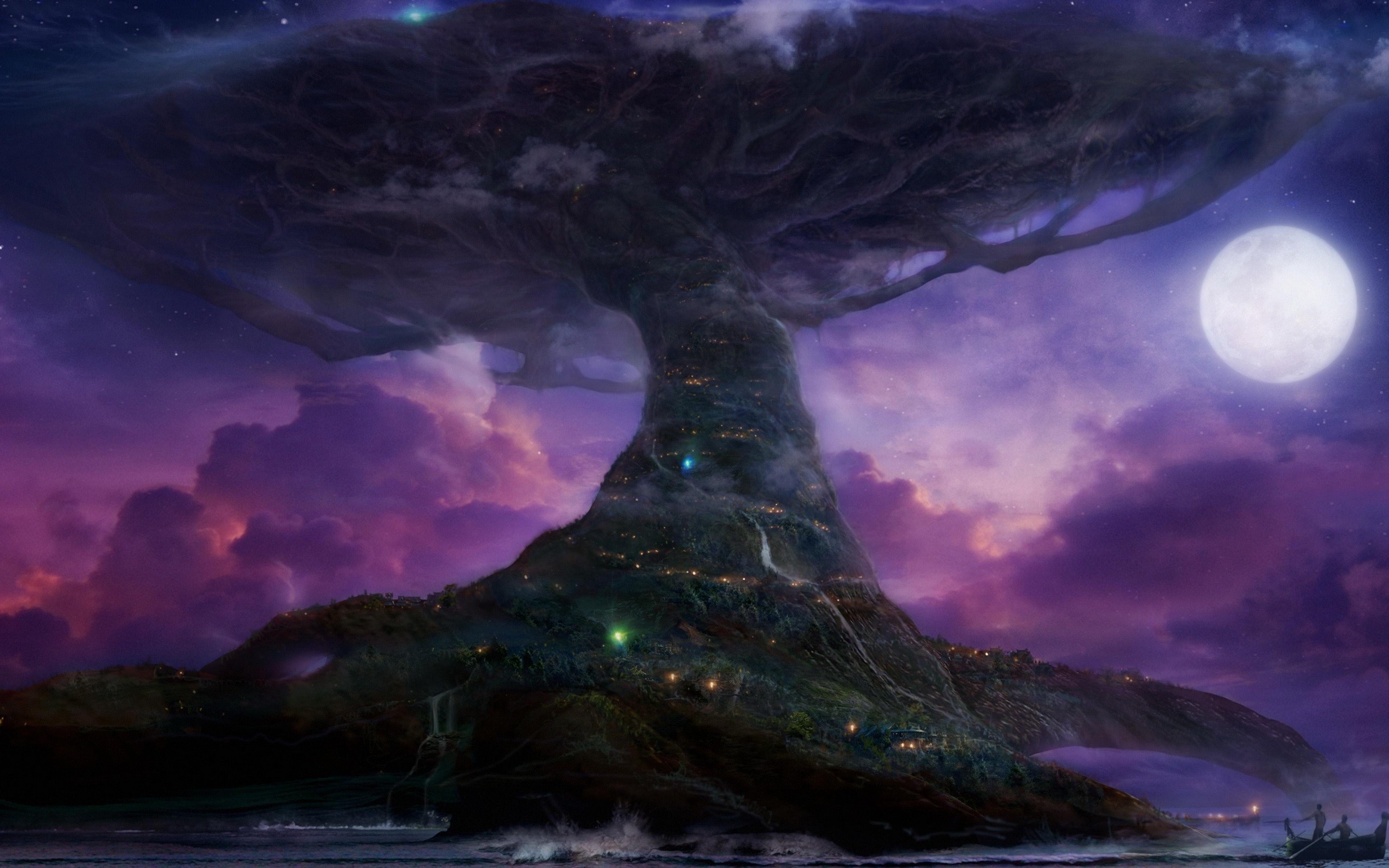 Fantasy world with a giant tree and moon HD Wallpaper