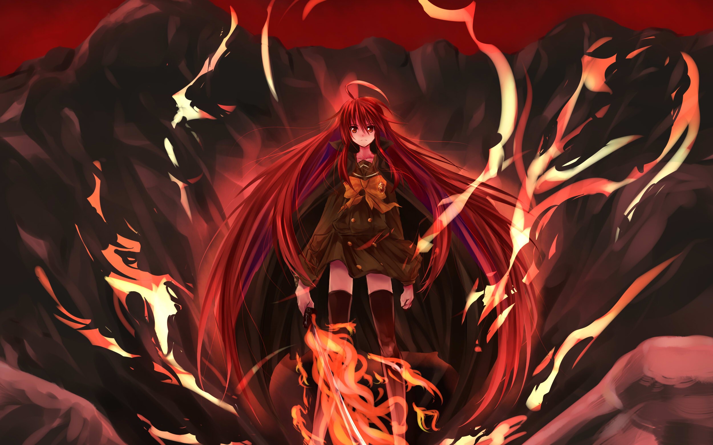 Shana from Shakugan no Shana surrounded by fire HD Wallpaper