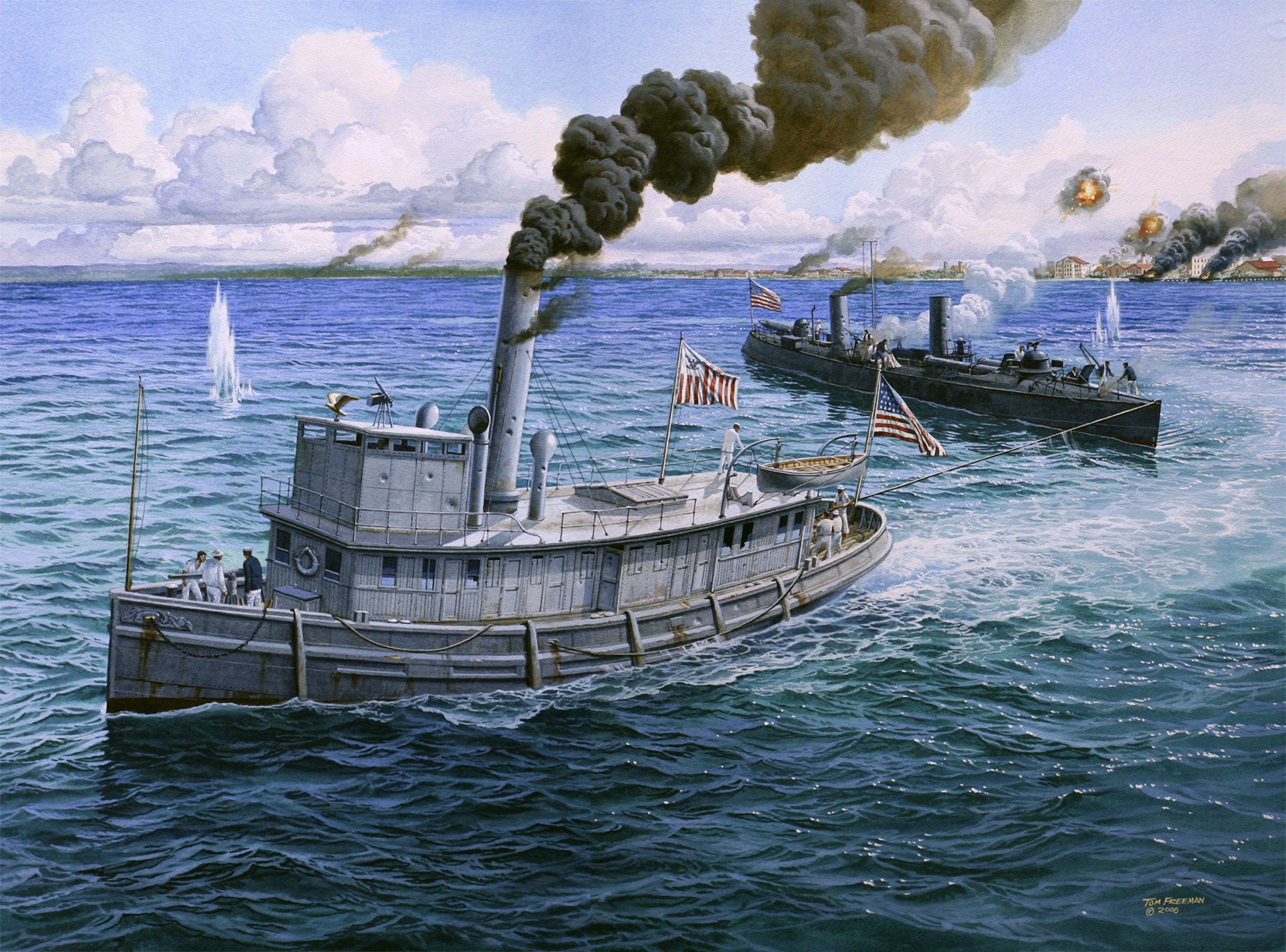 Rescue at Cardenas painting of naval battle HD Wallpaper