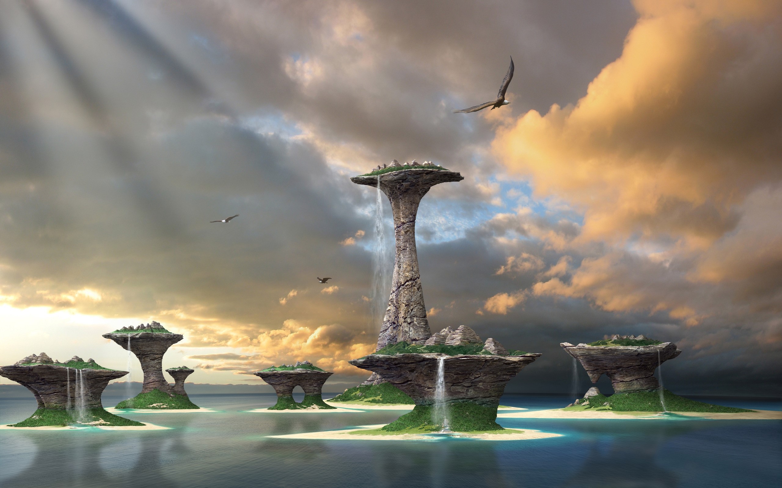 Floating islands with waterfalls and birds HD Wallpaper