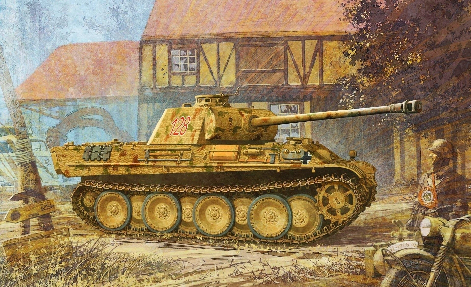 Panther tank with number 128 in a village HD Wallpaper