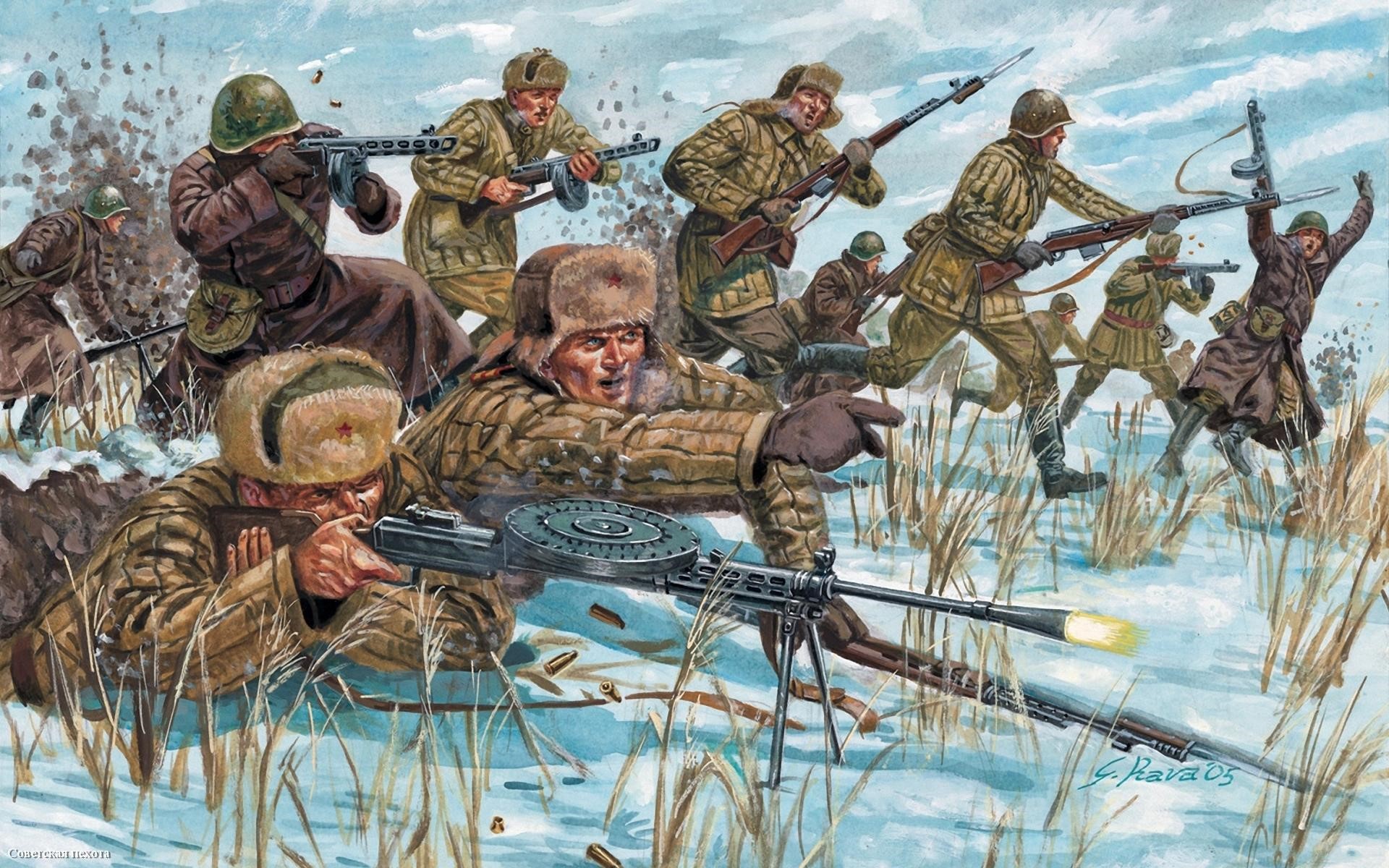 Soviet soldiers in winter combat painting HD Wallpaper