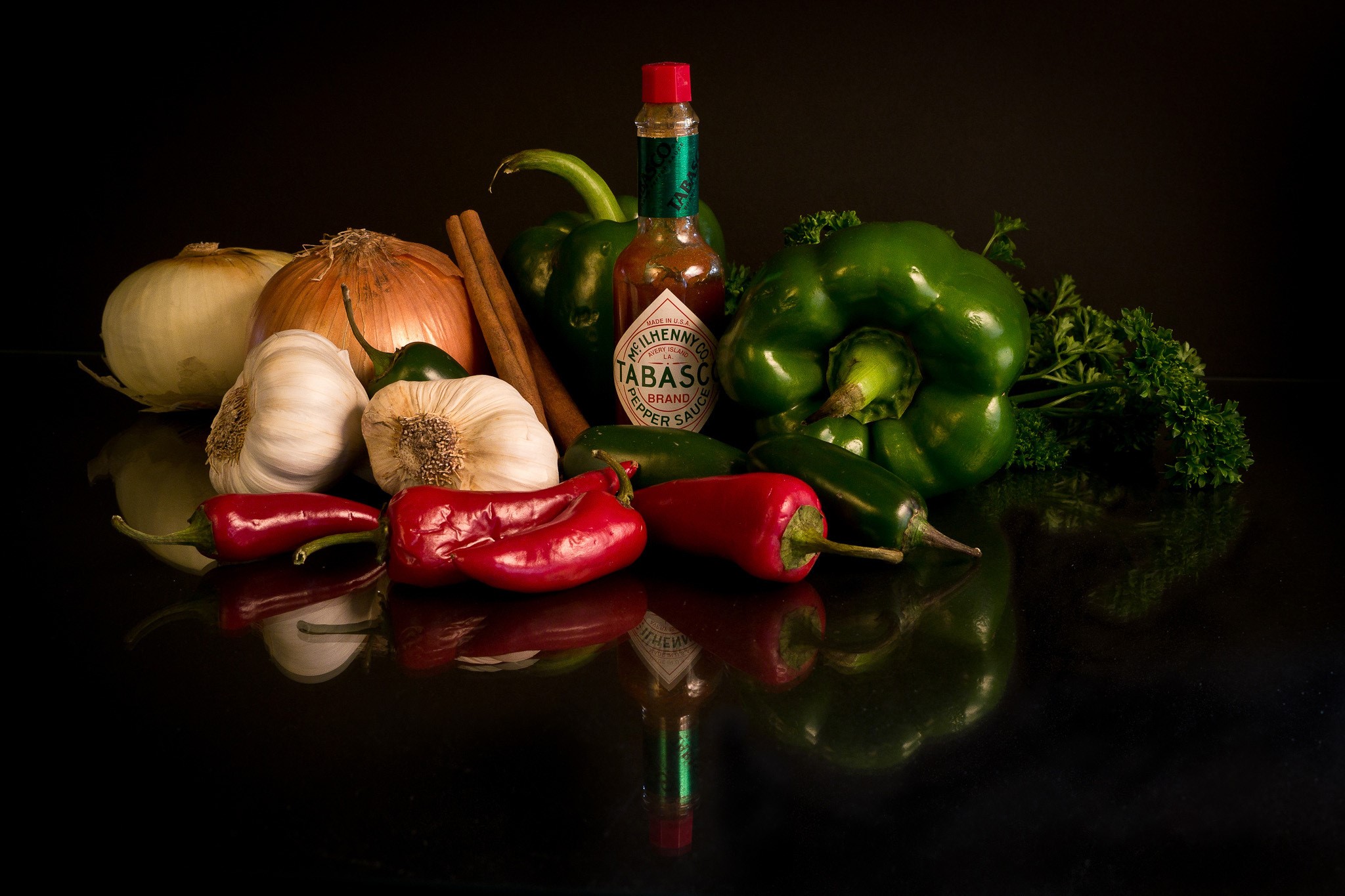 Still life of vegetables and Tabasco sauce HD Wallpaper