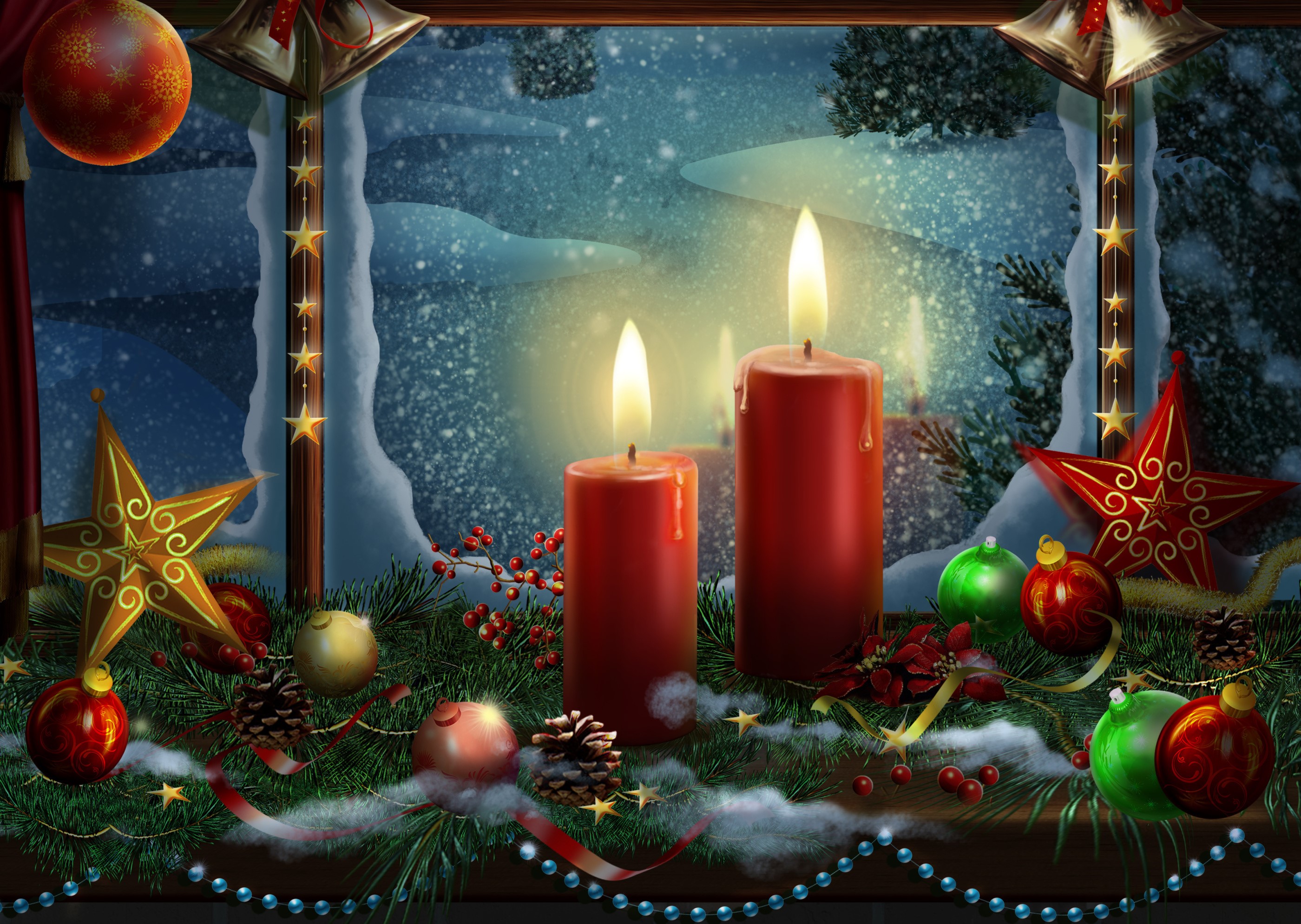 Christmas window with lit candles and ornaments HD Wallpaper
