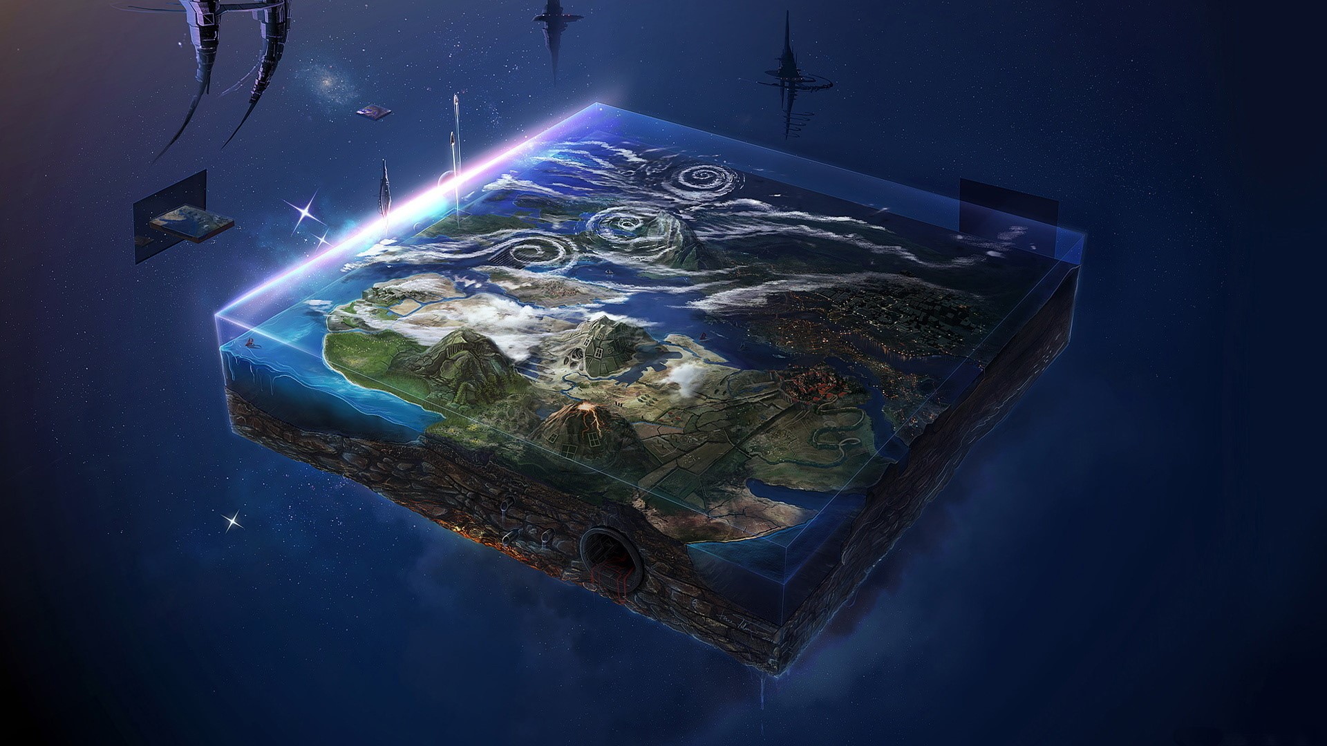 Flat Earth model in space with futuristic elements HD Wallpaper