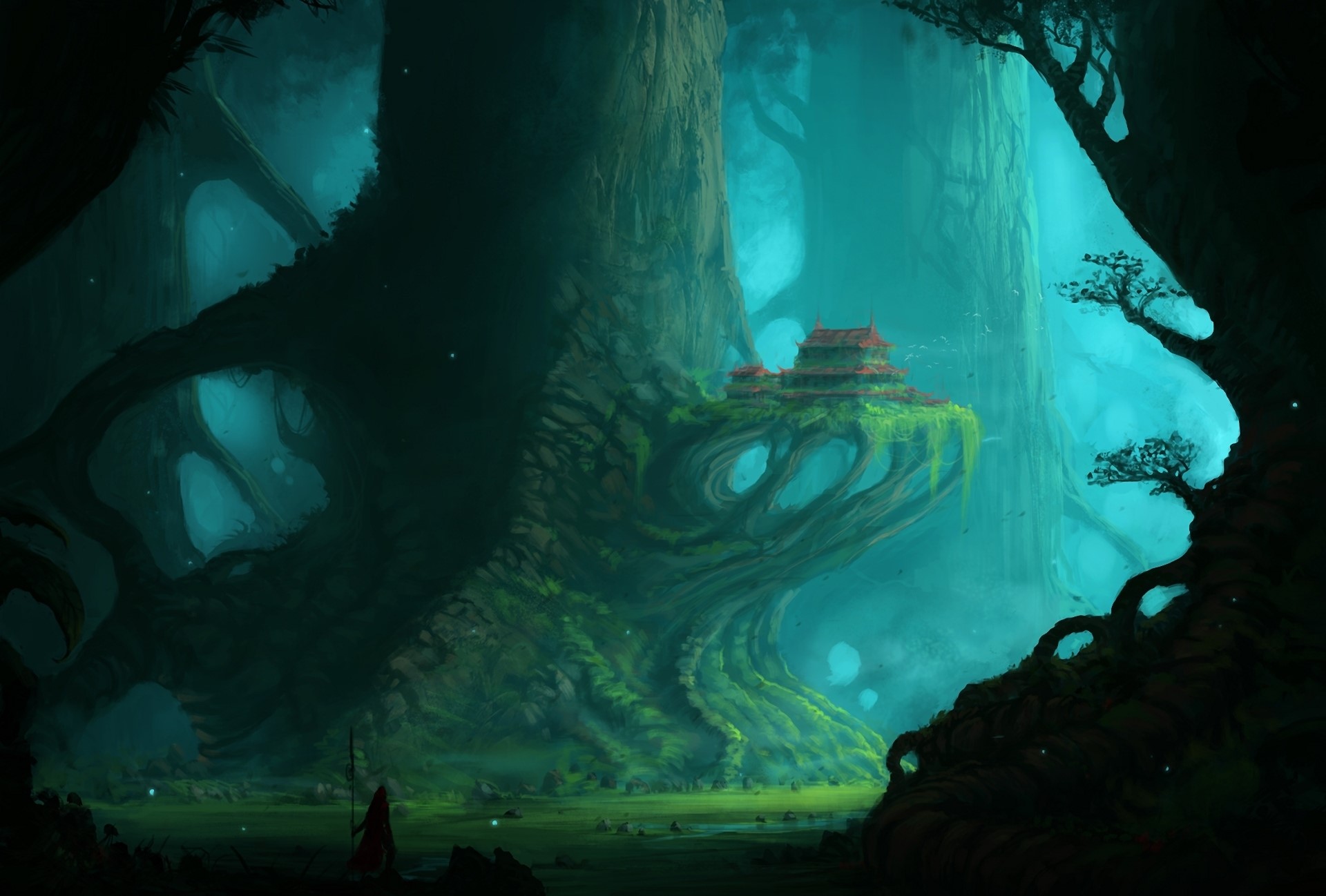 Fantasy forest with ancient trees and a building HD Wallpaper