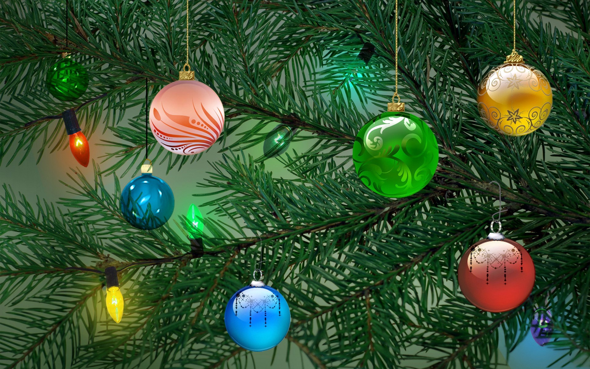 Christmas tree with ornaments and lights HD Wallpaper