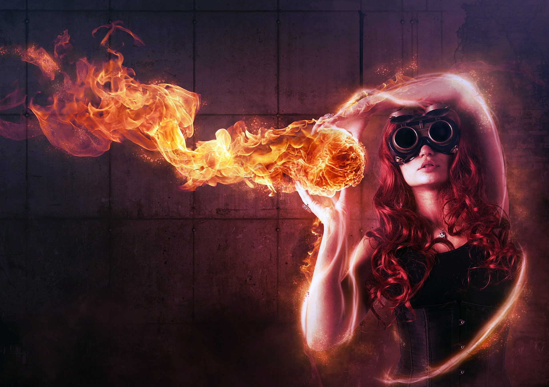 Woman with goggles breathing fire HD Wallpaper