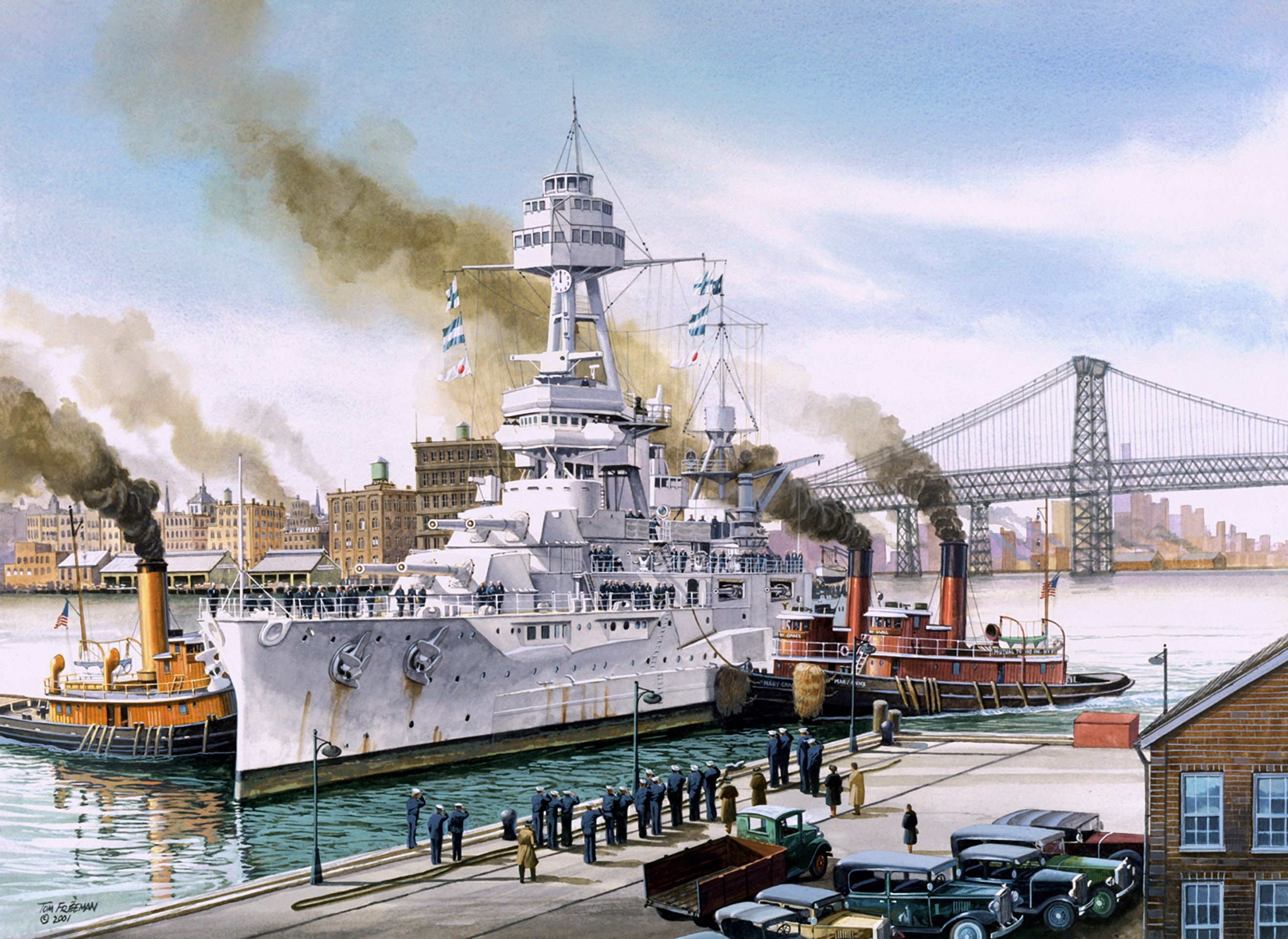 Battleship docked in New York with tugboats and bridge HD Wallpaper