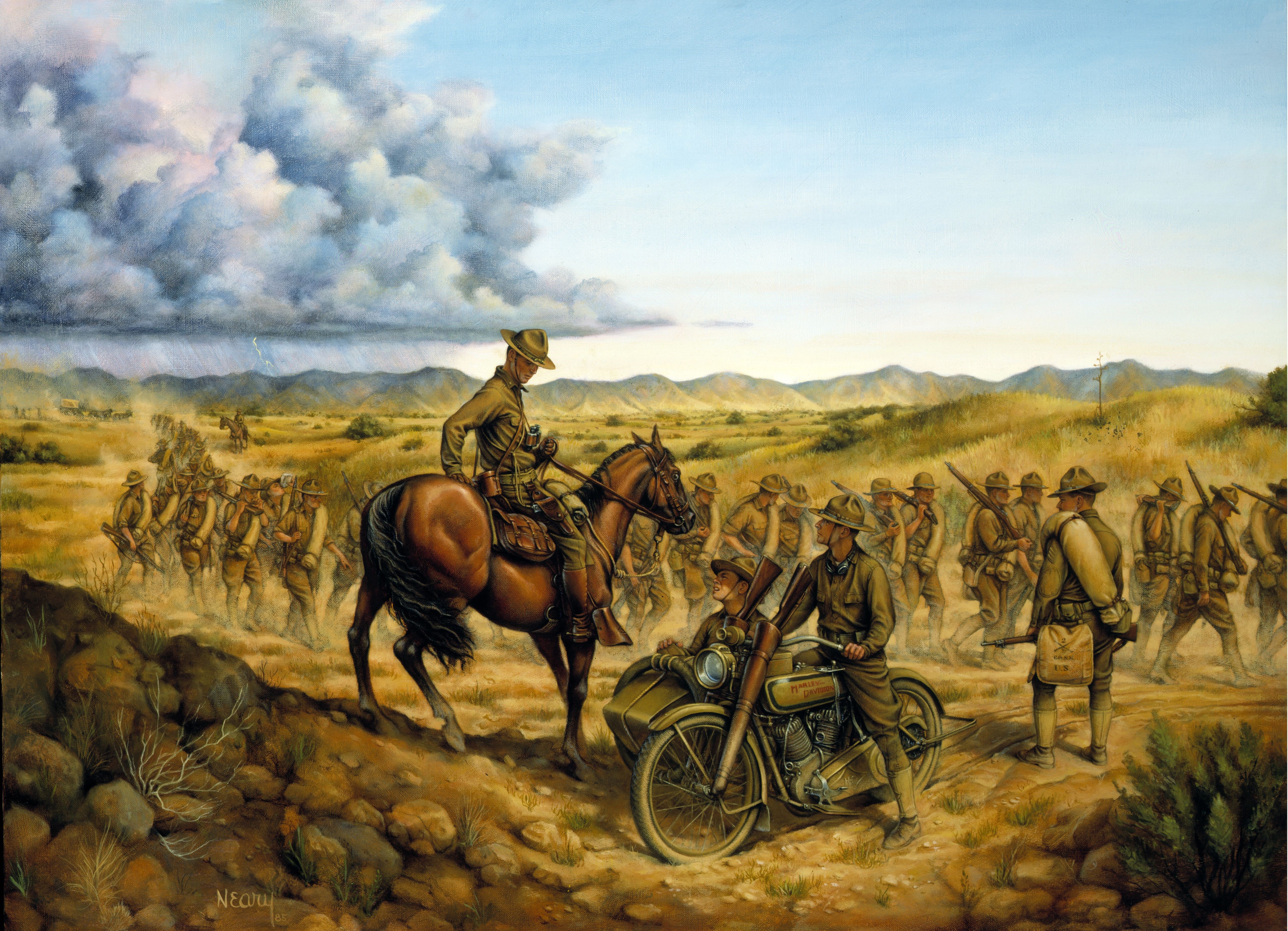 Painting of Soldiers on Horseback and Motorcycle in Desert HD Wallpaper