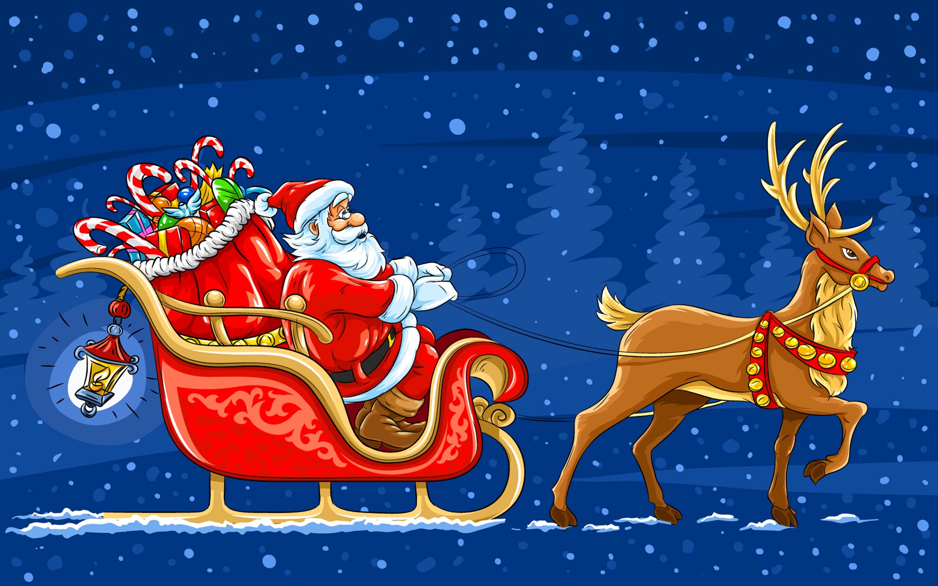 Santa Claus in a Sleigh Pulled by a Reindeer HD Wallpaper