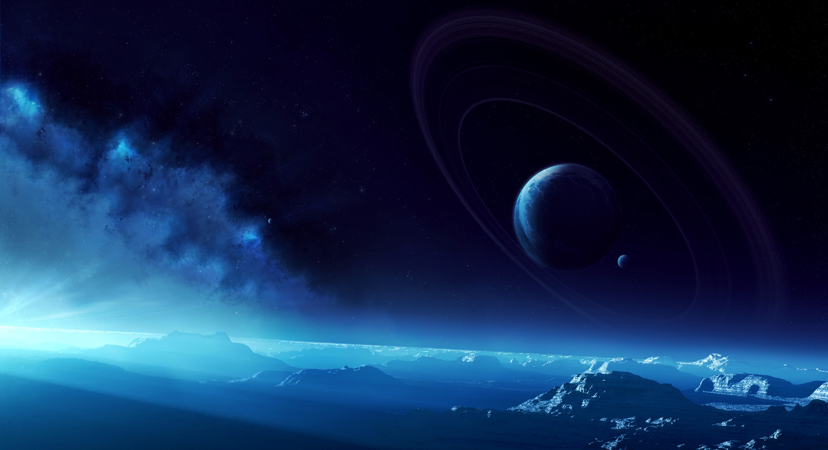 Planet with rings and moons over alien landscape HD Wallpaper