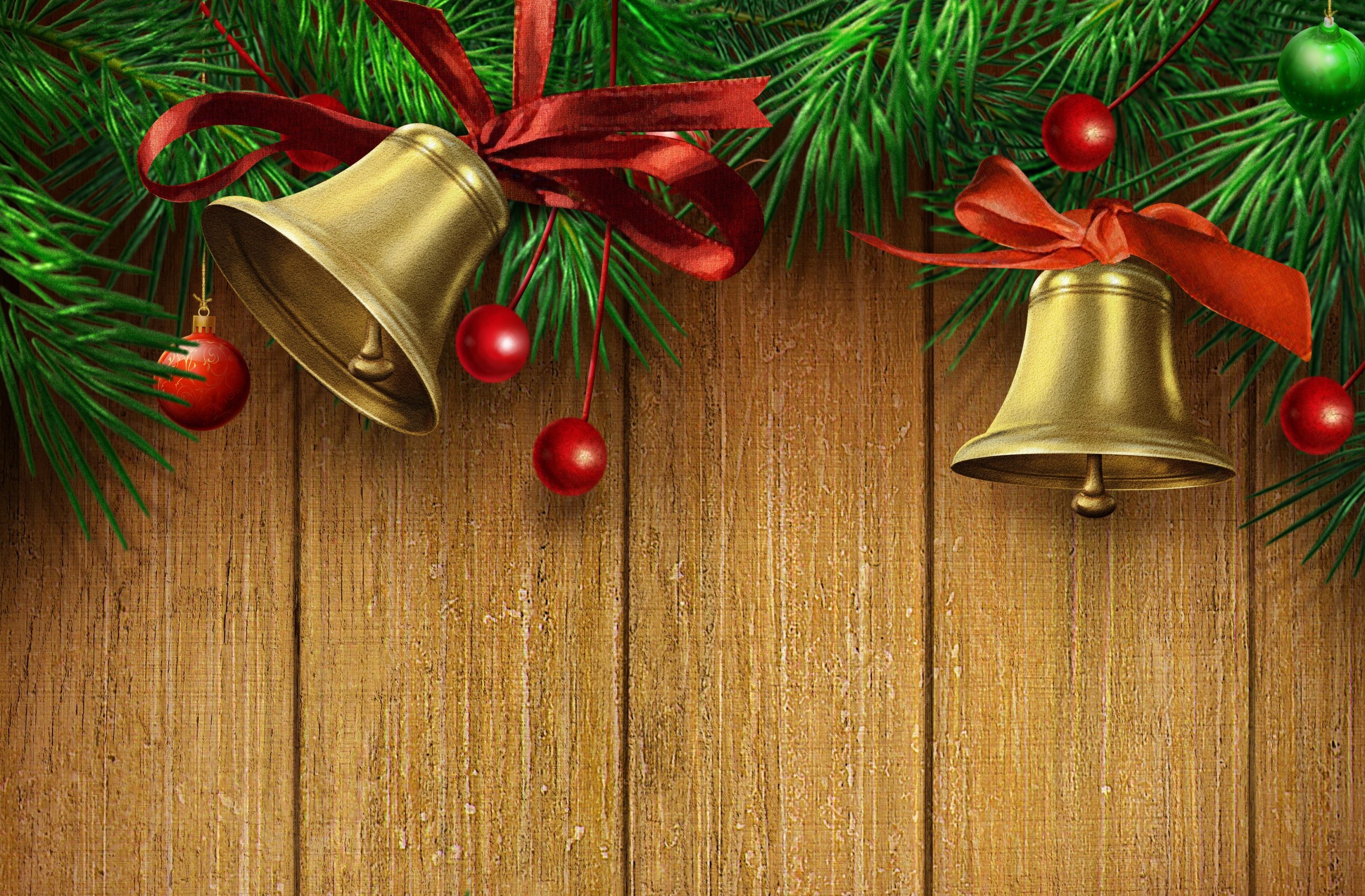 Christmas Bells and Ornaments on Wooden Background HD Wallpaper