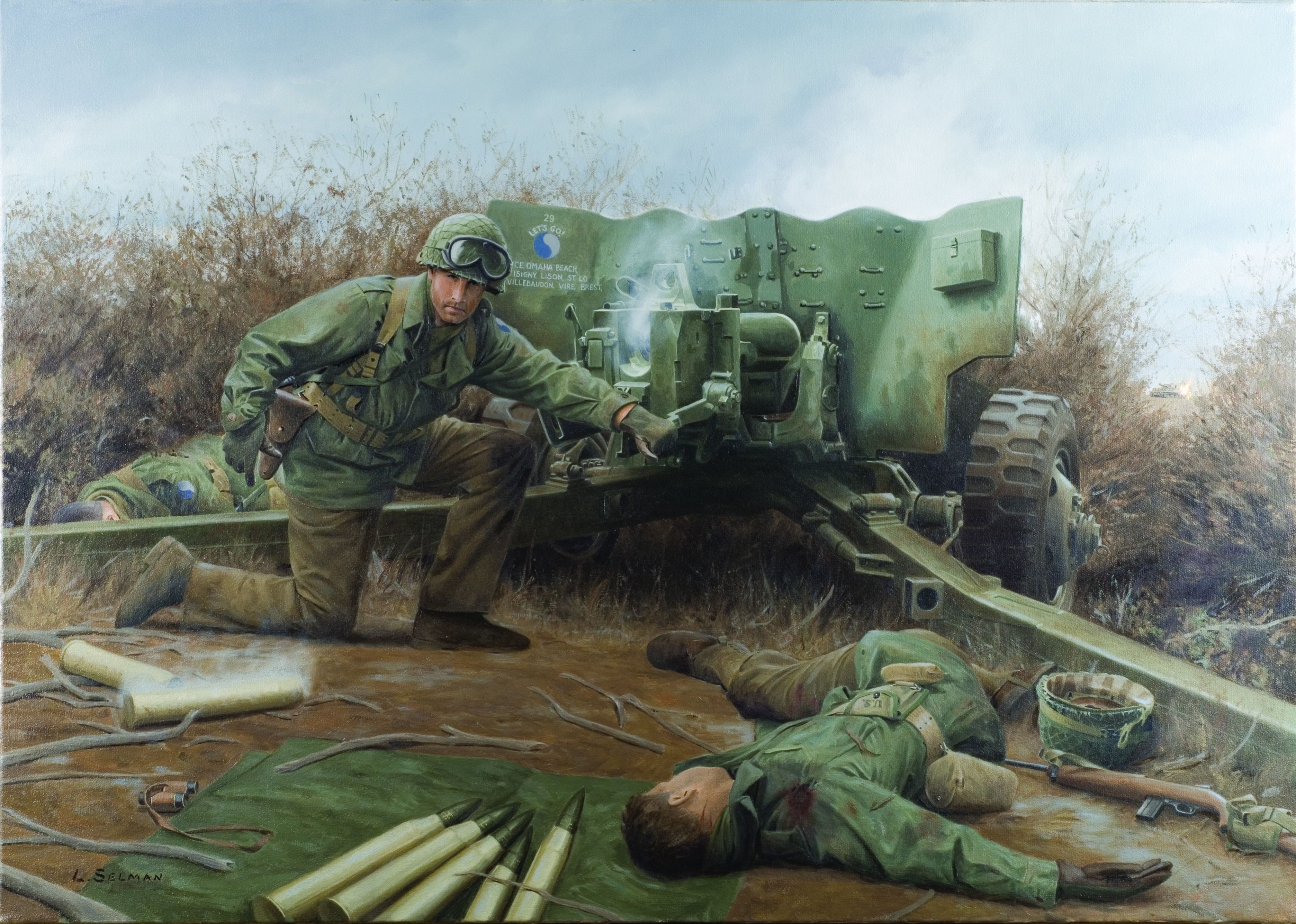 Soldiers operating a cannon with fallen comrades HD Wallpaper
