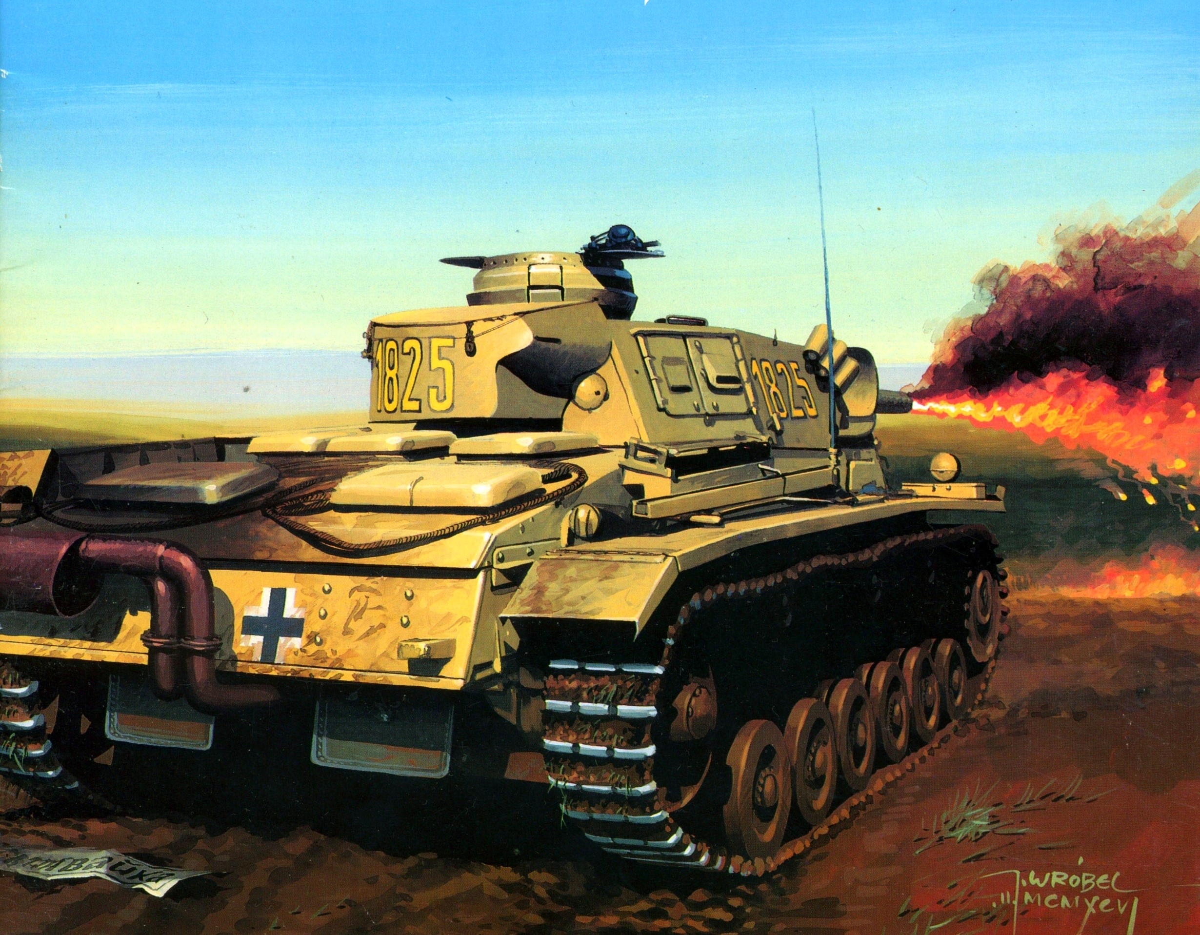 Painting of a German tank firing flames HD Wallpaper