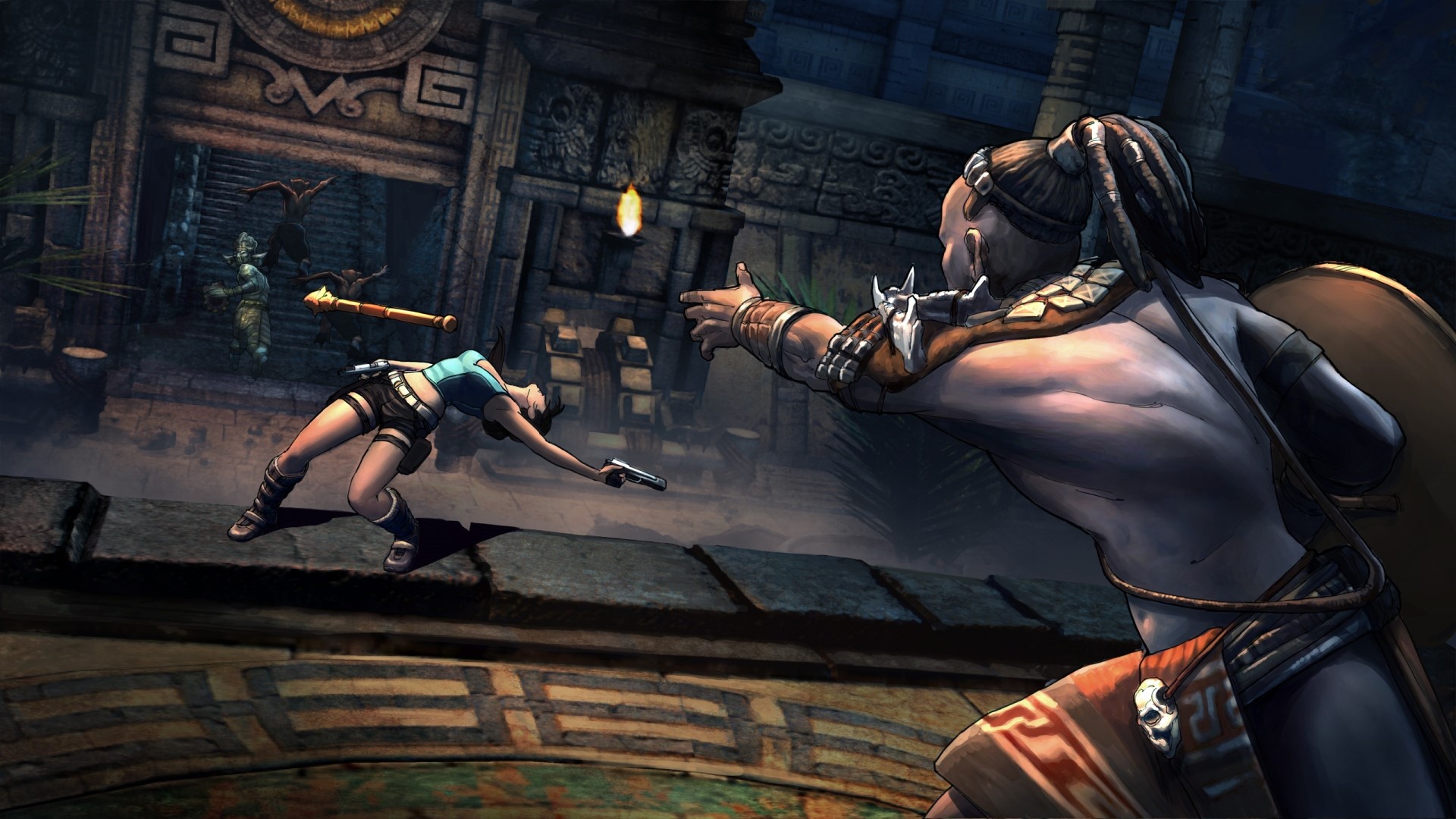 Lara Croft from Tomb Raider fighting enemies in ancient ruins HD Wallpaper