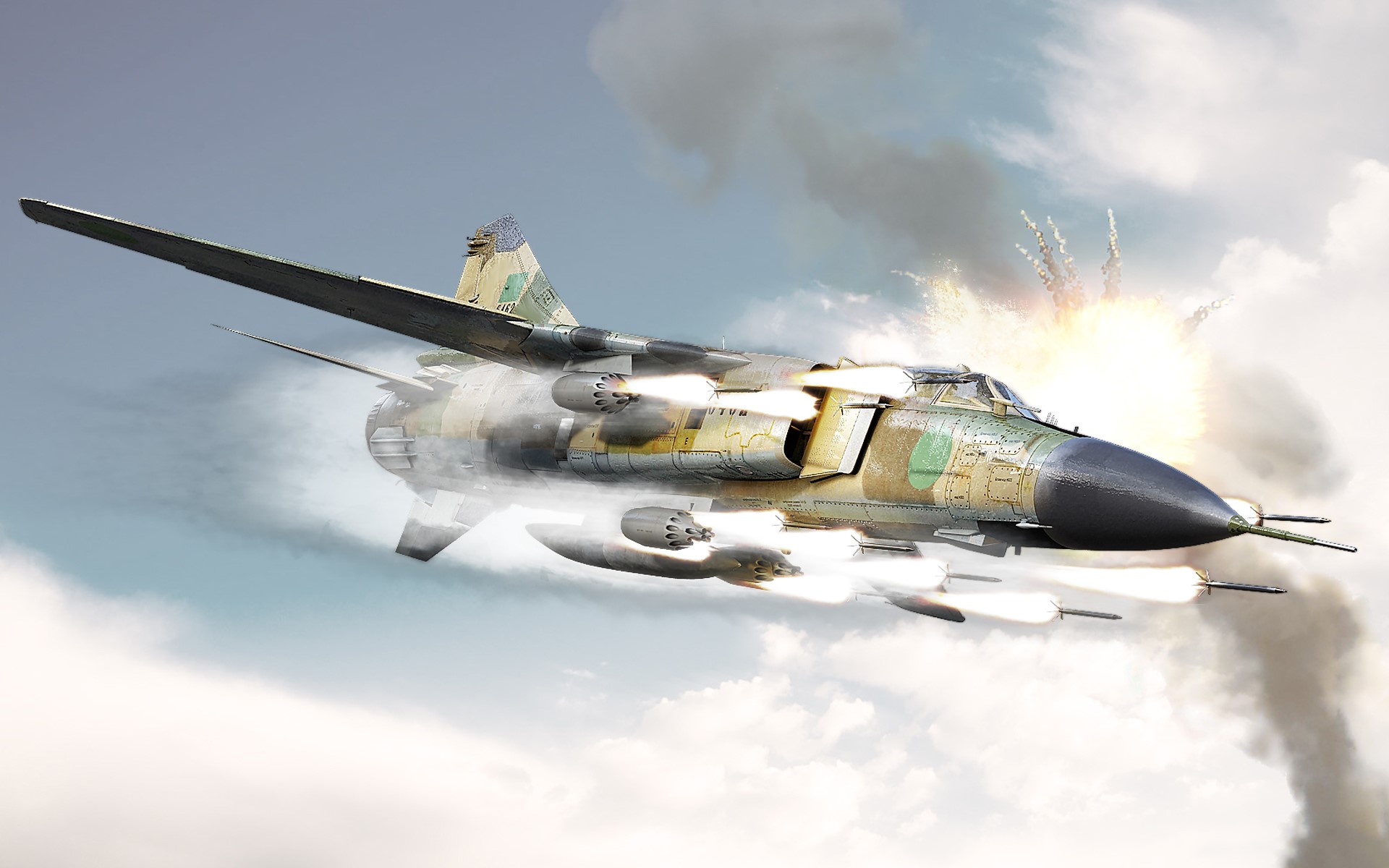 Camouflaged military jet fires missiles during an explosion HD Wallpaper