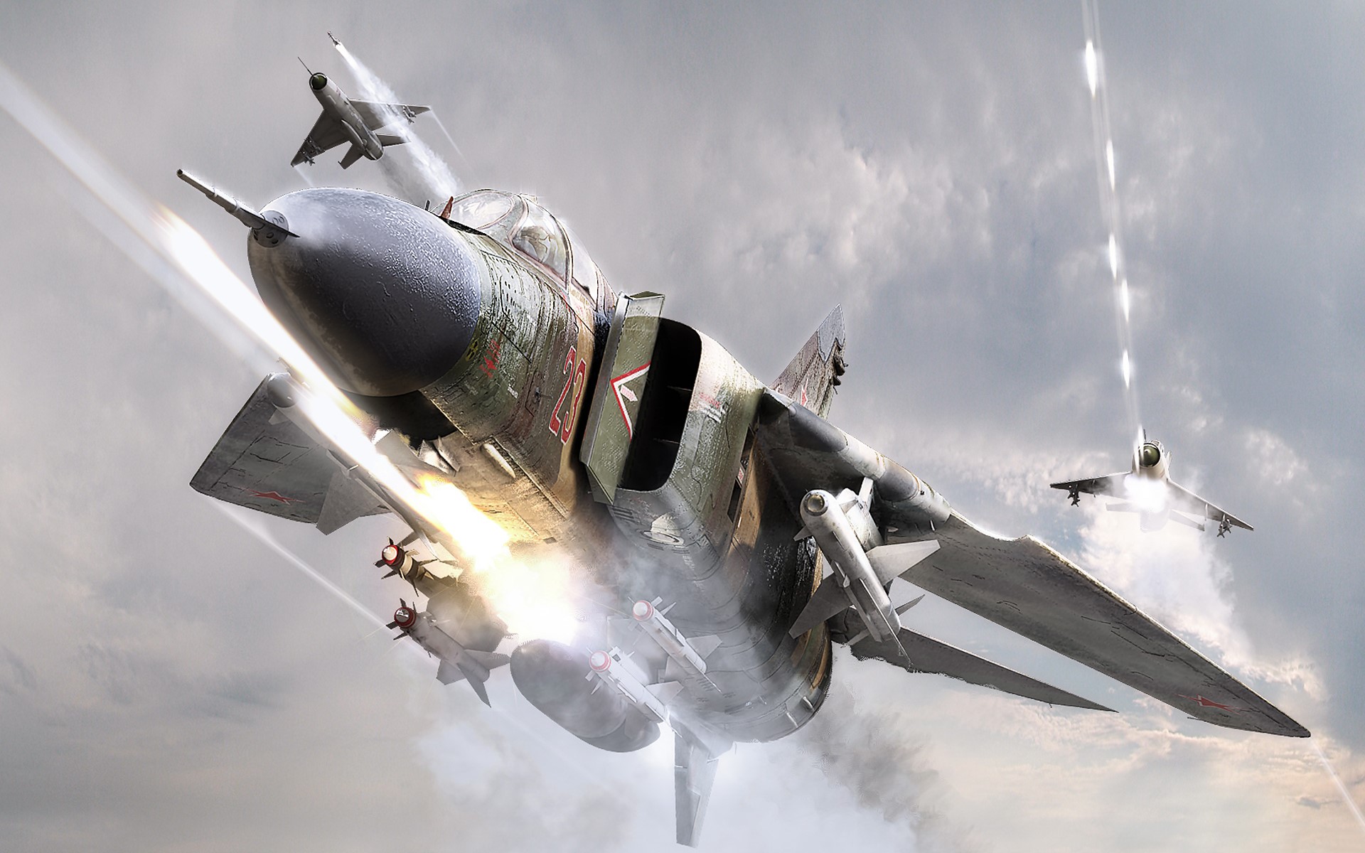 Fighter jets in aerial combat with missiles and smoke HD Wallpaper