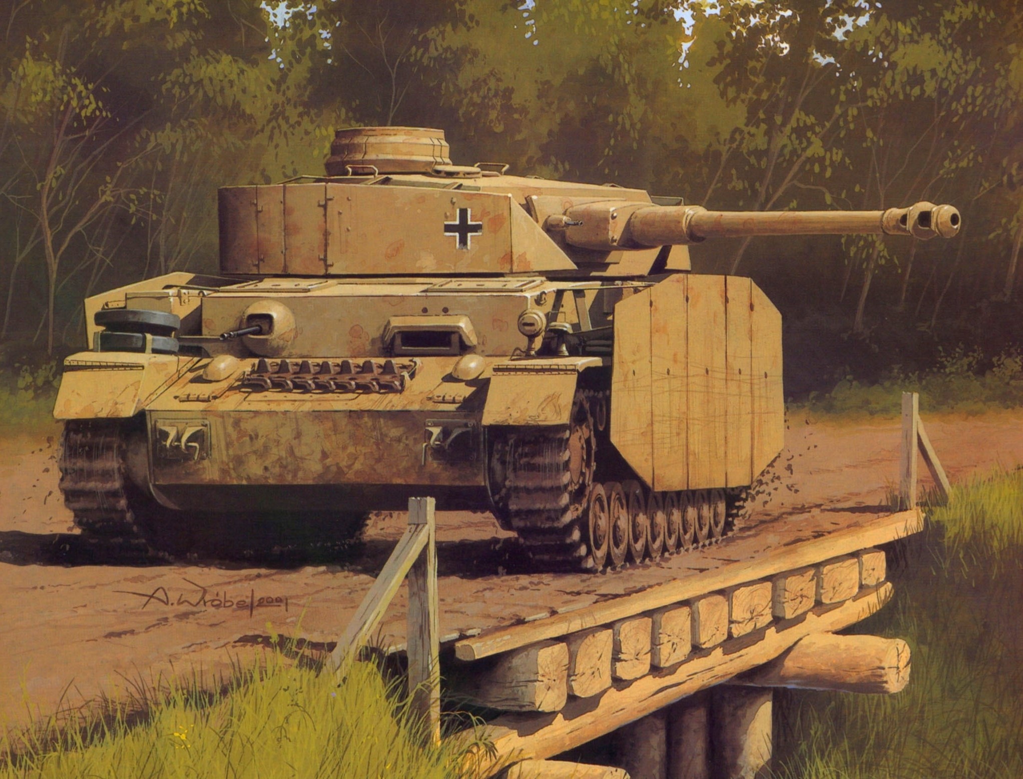 German Panzer IV tank crossing a wooden bridge HD Wallpaper