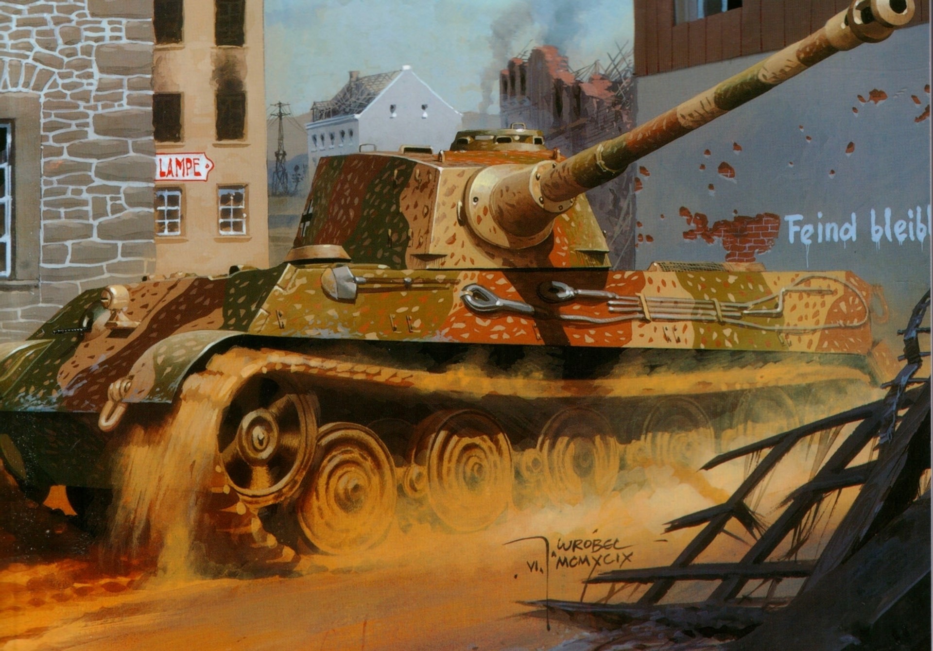 German tank in a destroyed city street HD Wallpaper
