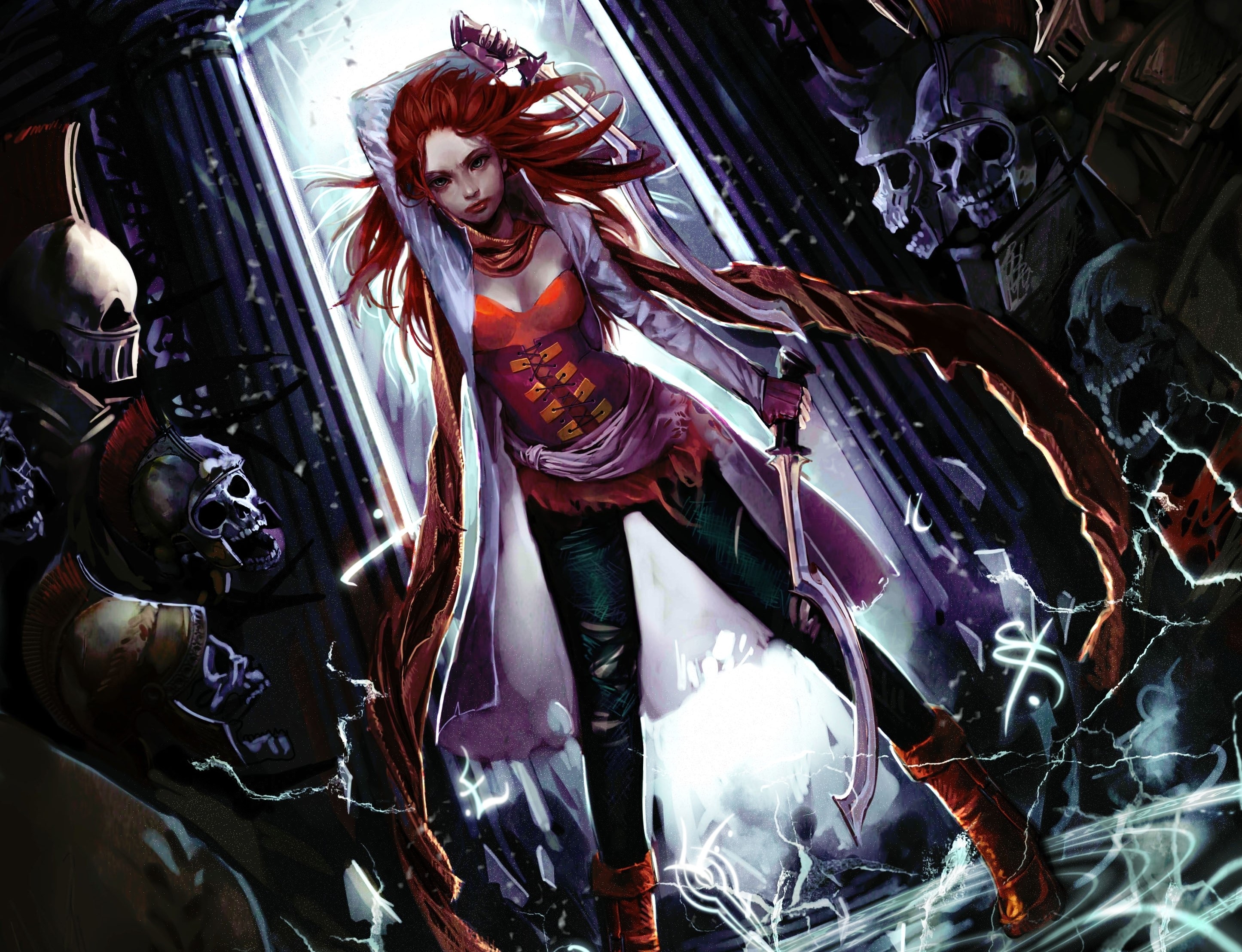 Warrior woman with red hair and sword surrounded by skulls HD Wallpaper