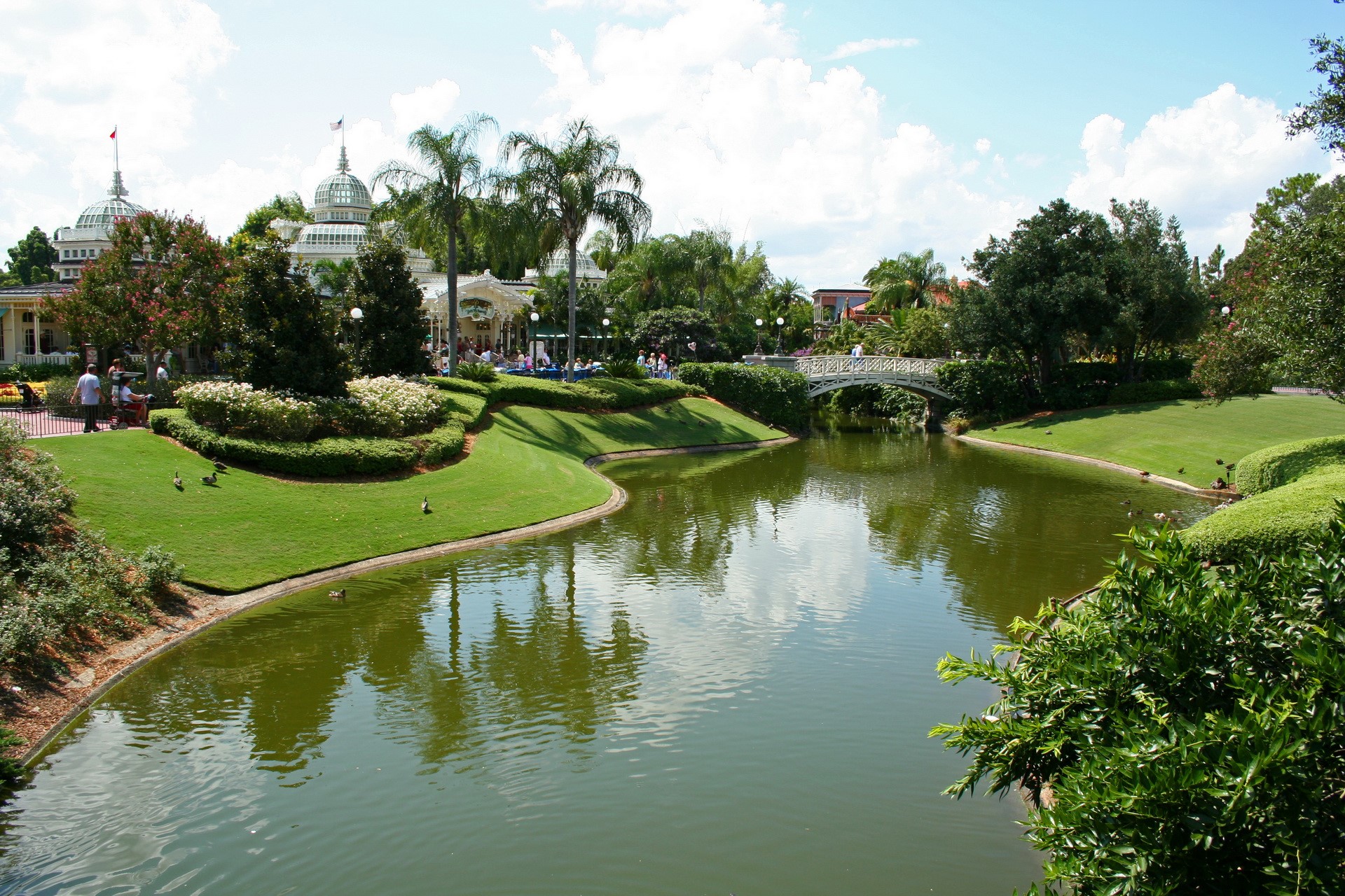Park with a pond and bridge HD Wallpaper