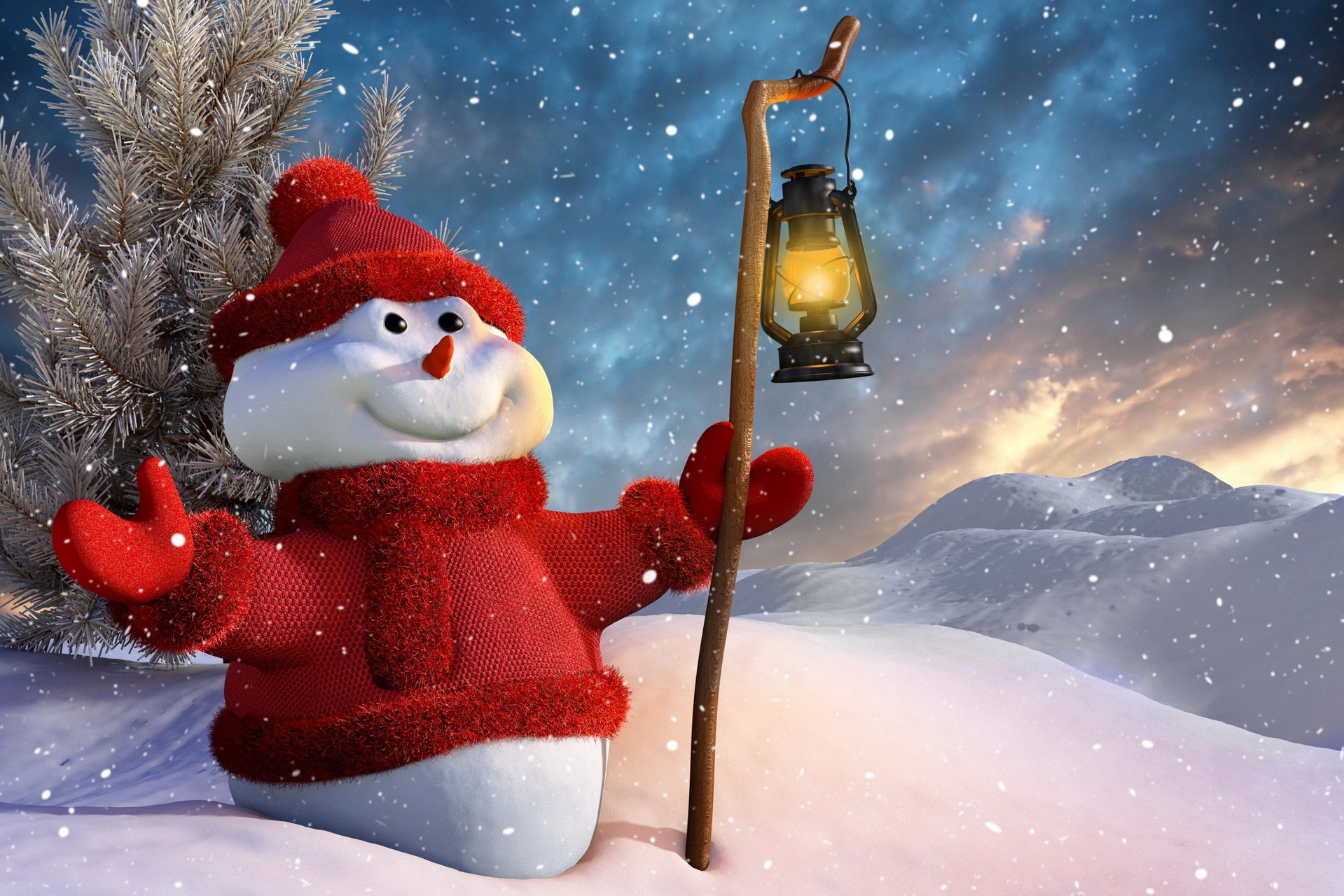 Snowman with a lantern in a snowy landscape HD Wallpaper