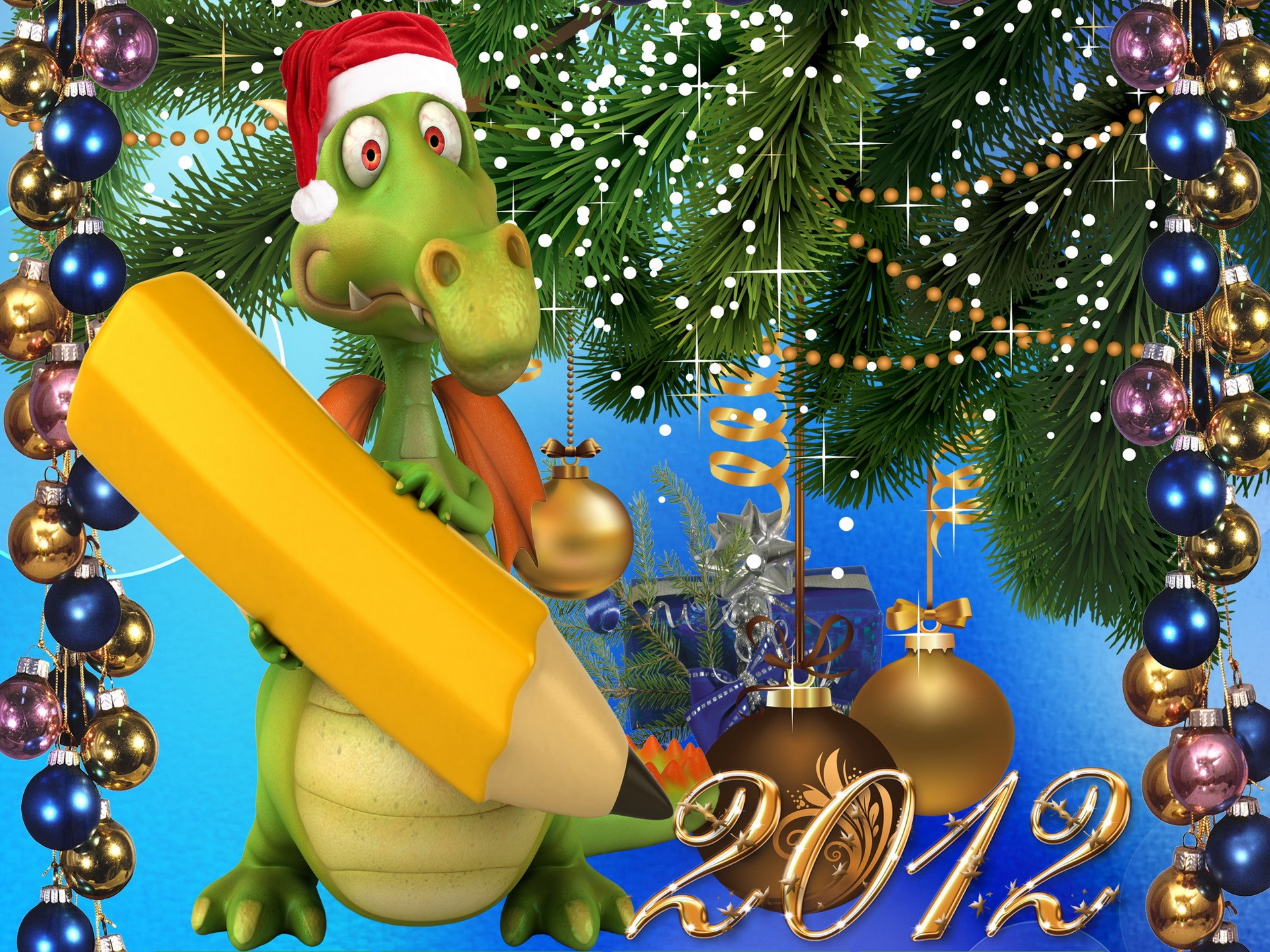 Dragon with Pencil and Christmas Decorations HD Wallpaper
