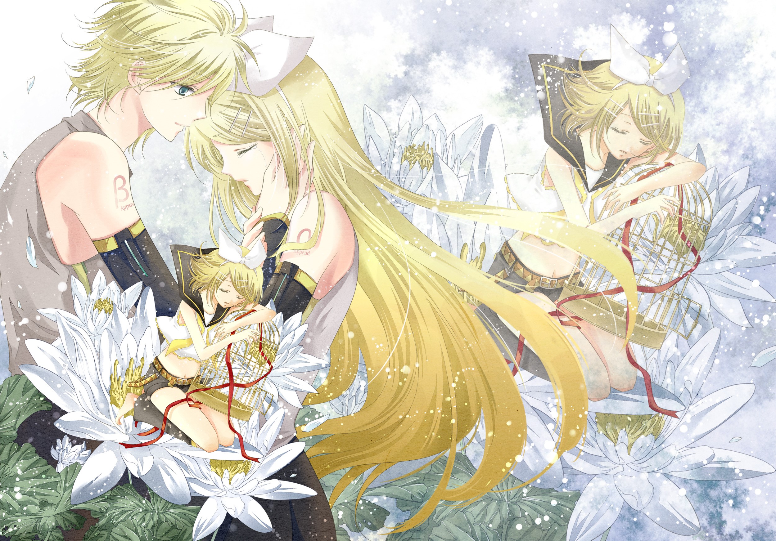 Vocaloid Rin and Len Kagamine with flowers HD Wallpaper