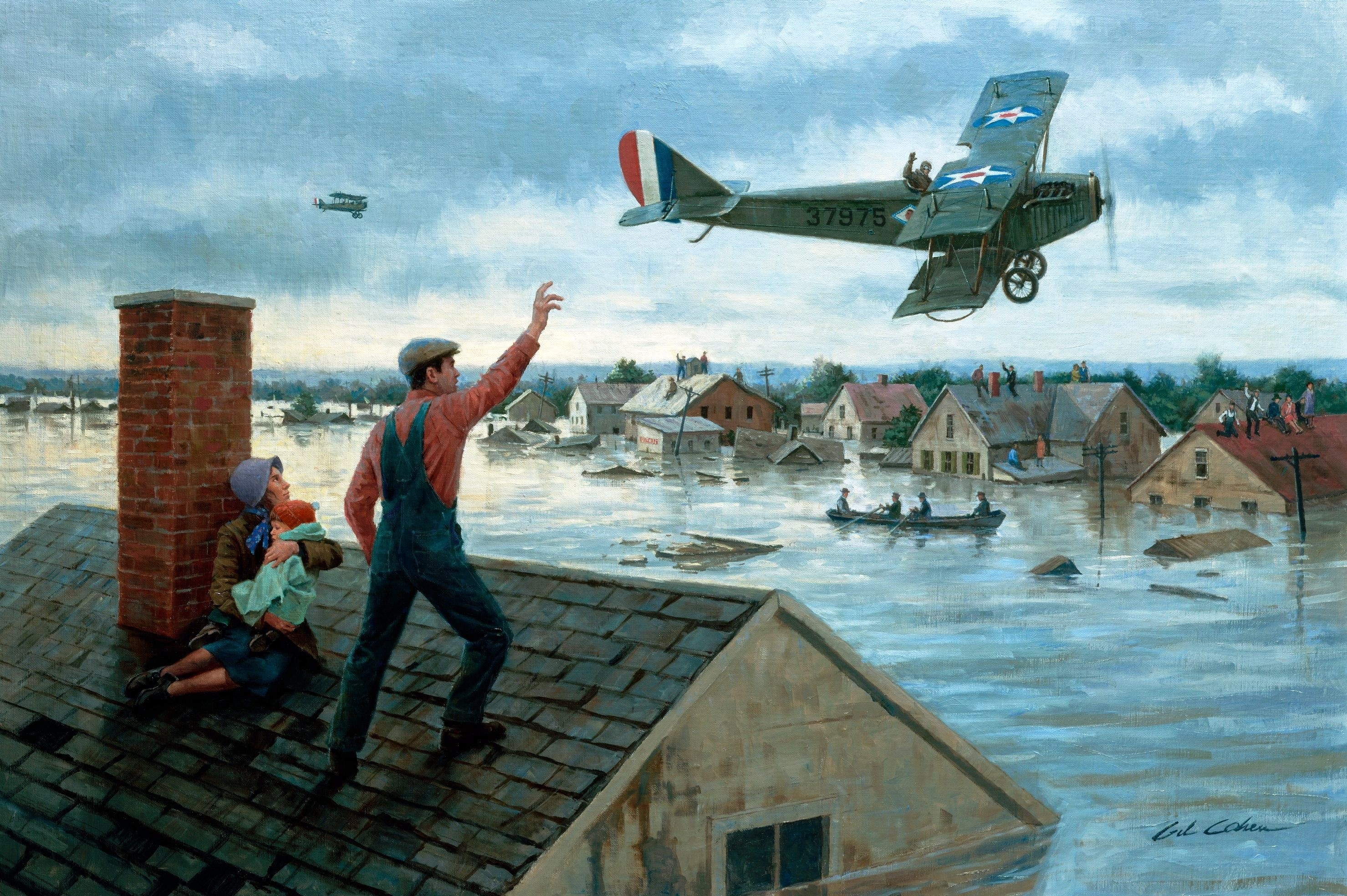 Gil Cohen painting of a flood rescue by airplane HD Wallpaper