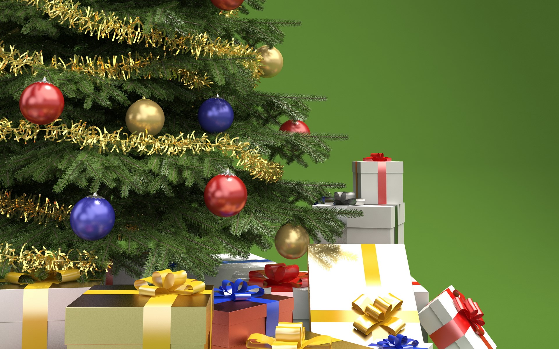 Christmas tree with ornaments and gifts HD Wallpaper