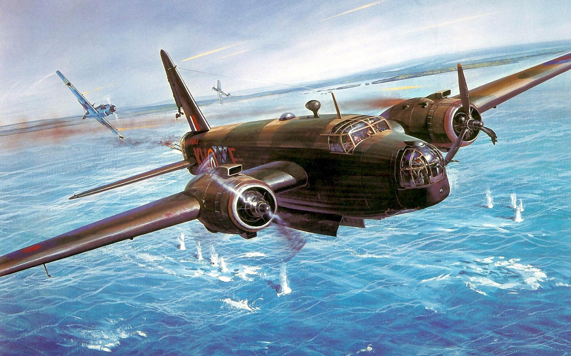WWII Bomber Aircraft in Combat Over the Sea HD Wallpaper