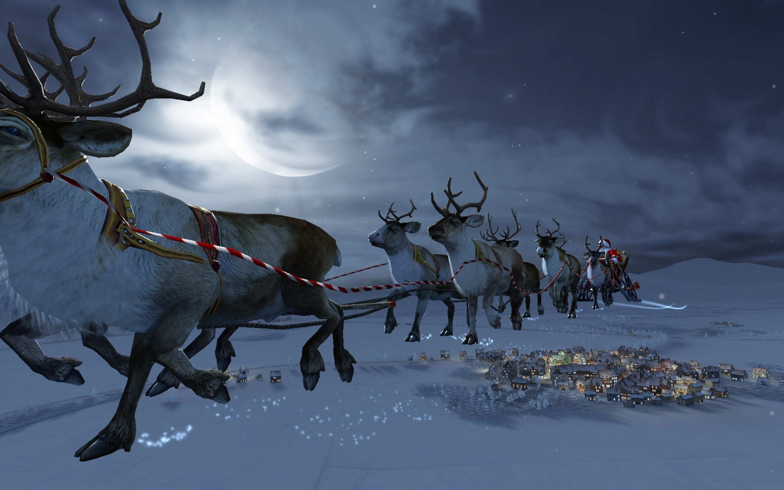 Santa Claus and reindeer flying over a village at night HD Wallpaper