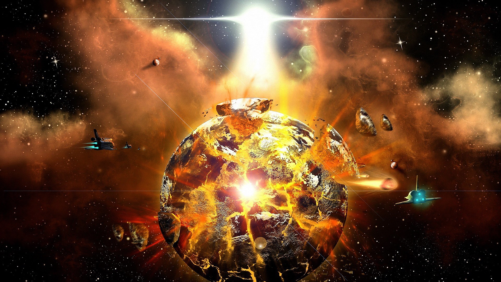 Planet exploding in space with spaceships HD Wallpaper