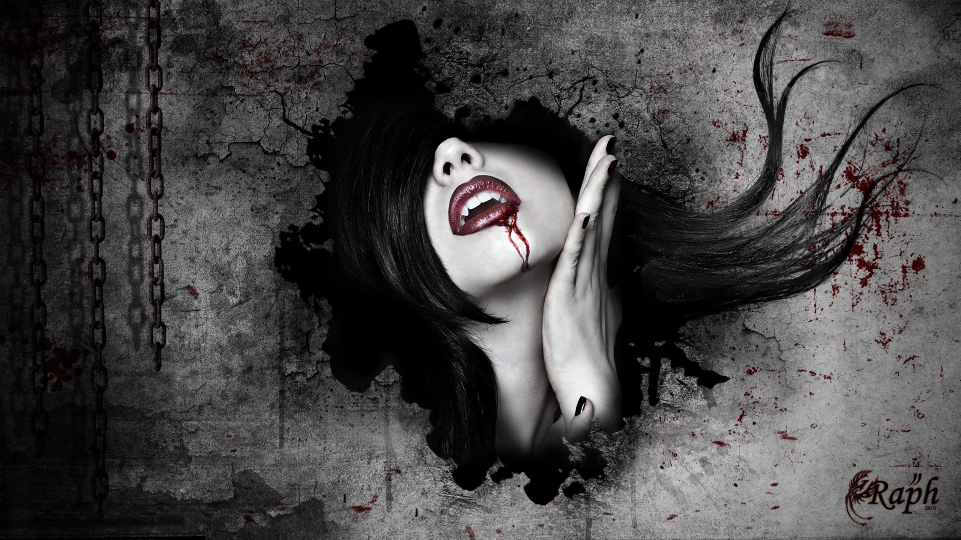 Vampire woman with blood dripping from her mouth HD Wallpaper