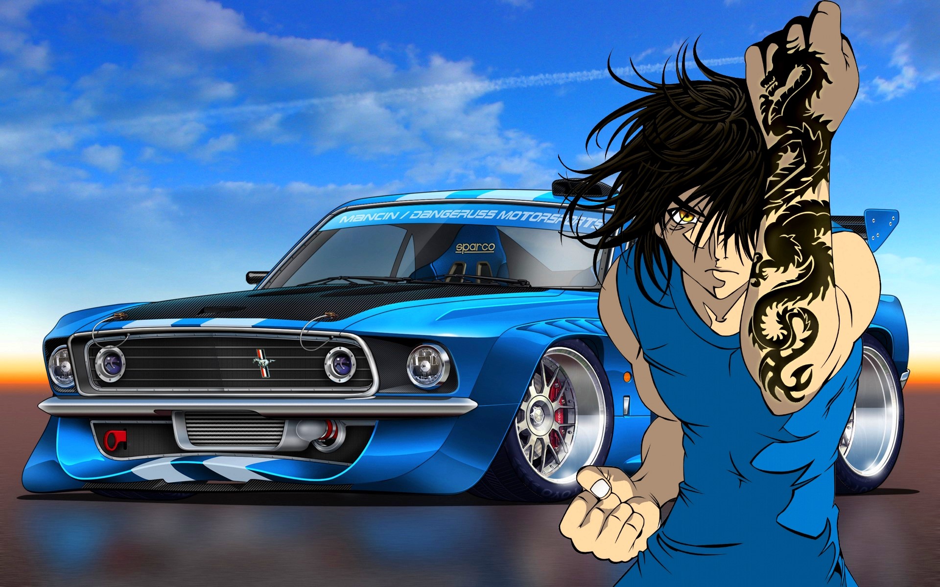 Anime man with dragon tattoo and blue Ford Mustang HD Wallpaper