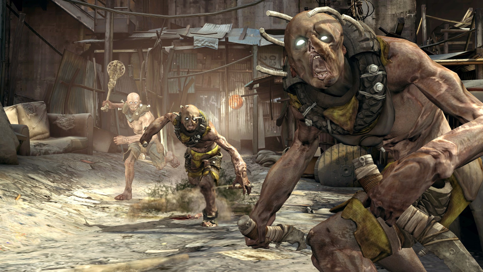 Mutants attacking in a post-apocalyptic settlement HD Wallpaper