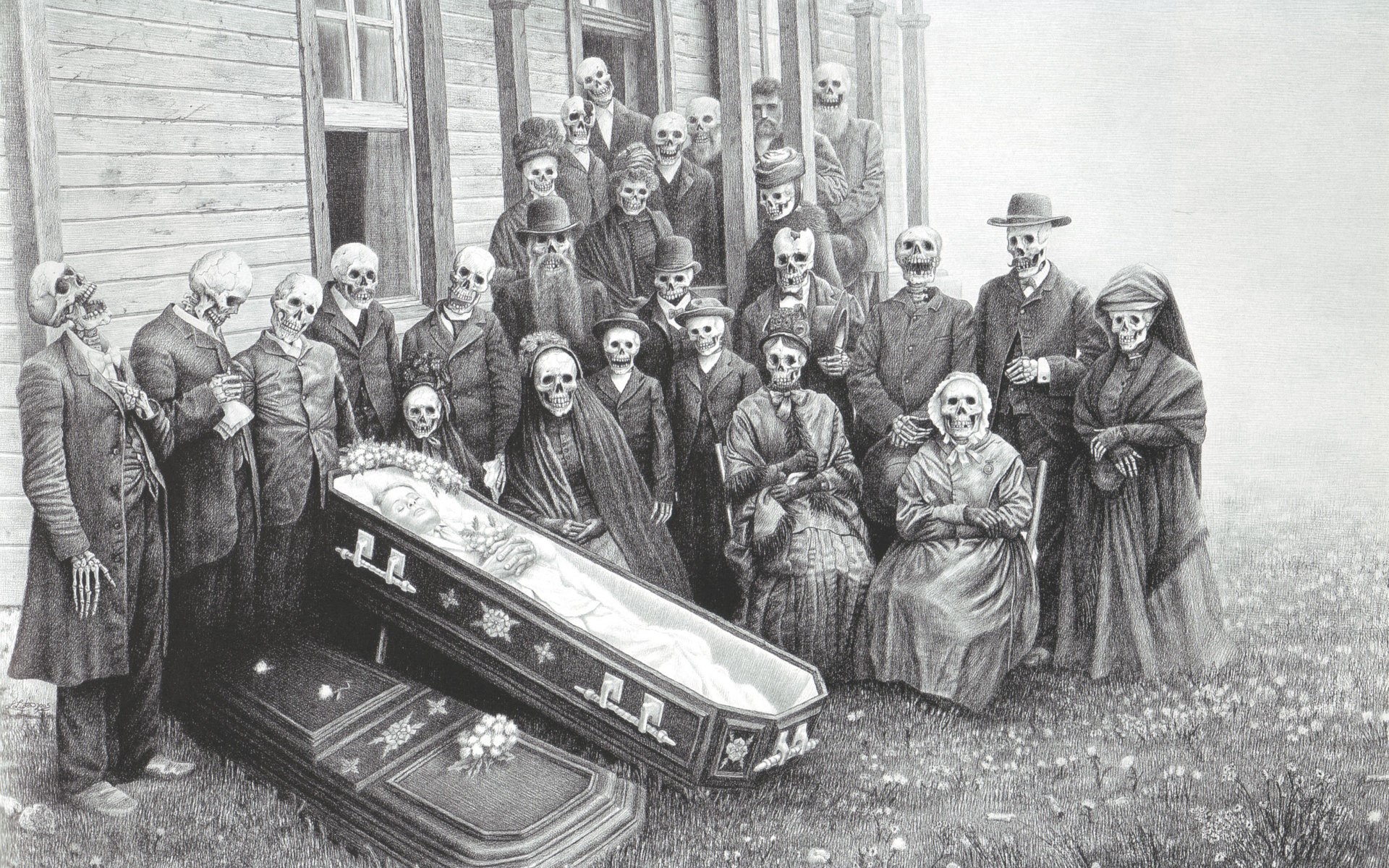 Skeleton family gathered for a funeral HD Wallpaper