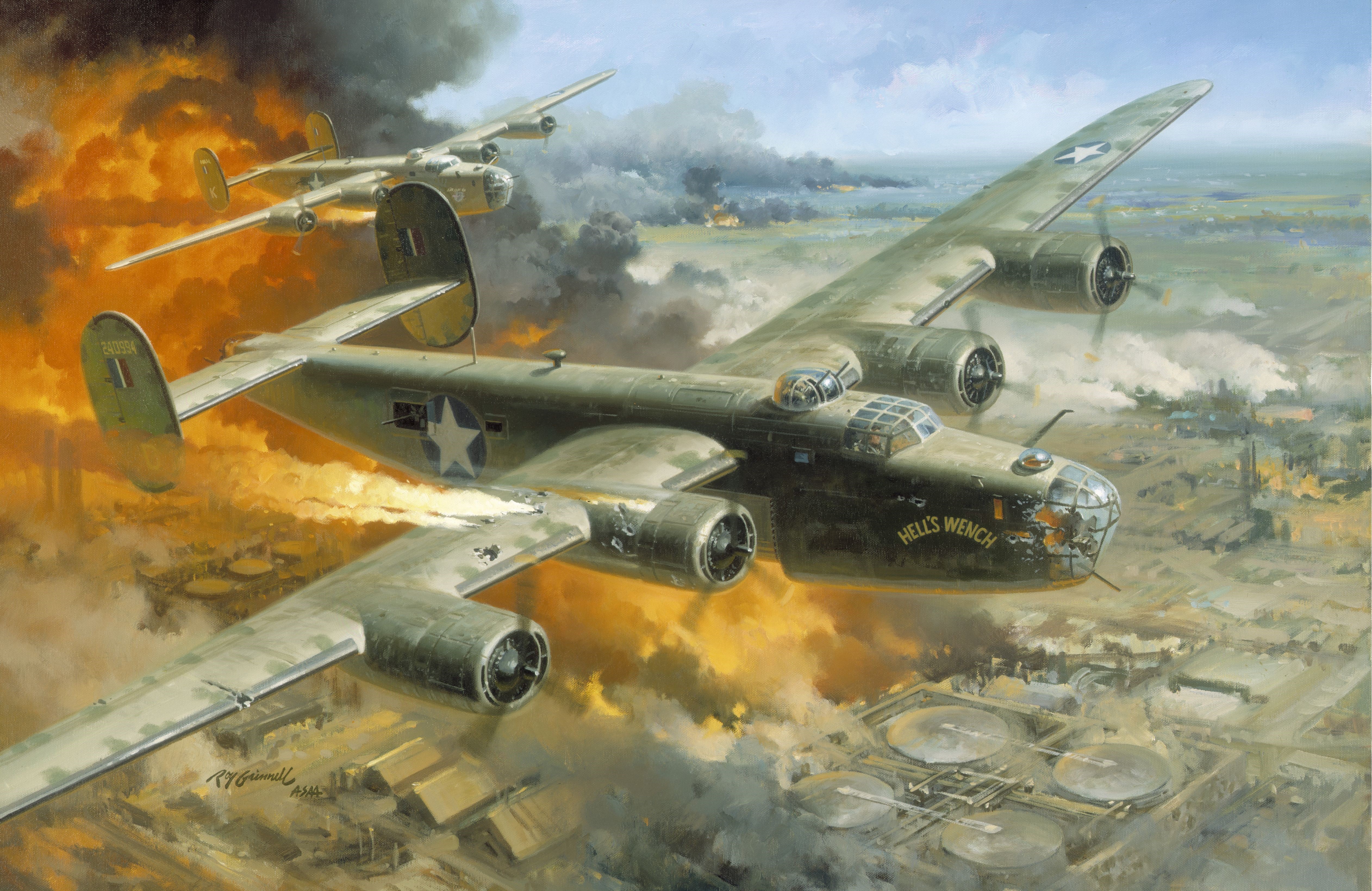 B-24 Liberator Bombers Over Burning Industrial Area HD Wallpaper